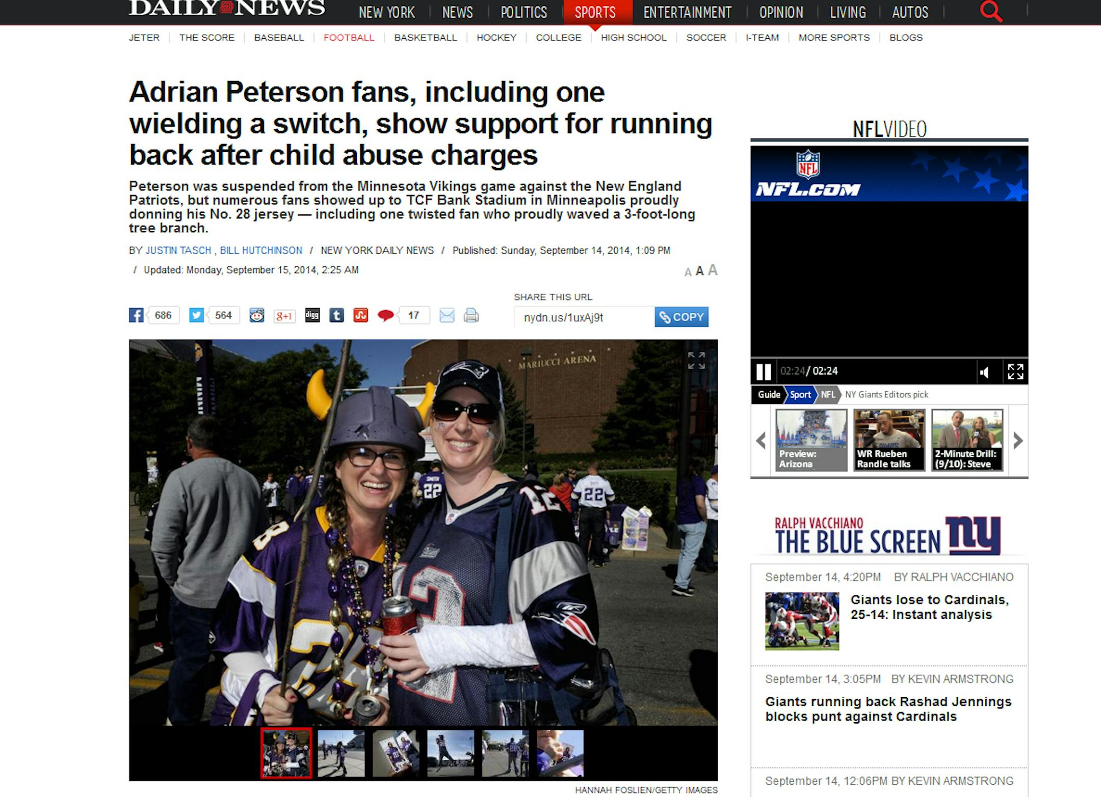 A Vikings fan showed up to the game Sunday wearing an Adrian Peterson jersey and carrying a switch.