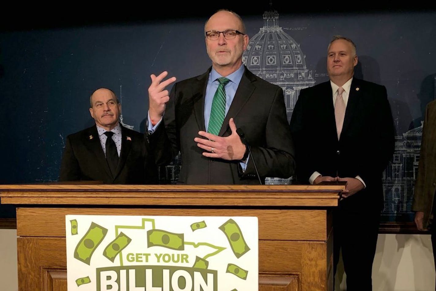 Minnesota Senate Tax Committee Chairman Roger Chamberlain speaks at a news conference at the state Capitol in St. Paul, Minn., on Thursday, Feb. 20, 2020, where he outlined a Senate GOP proposal to use the state's projected $1.3 billion budget surplus for tax cuts.