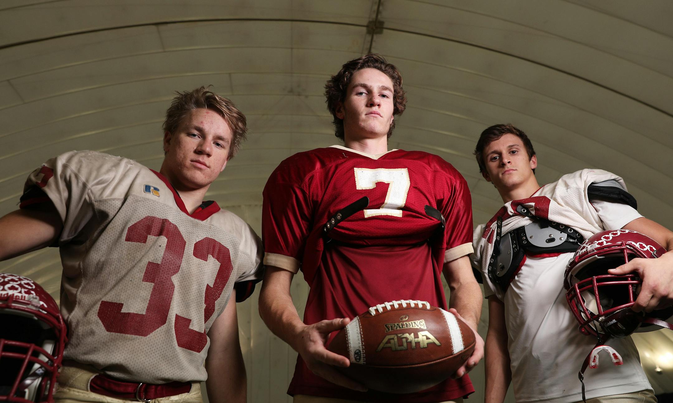 Maple Grove High School kicker Andy Peterson, quarterback Curtis Haugen, and wide recever Joe Raymon stood for a portrait during practice. ] ANTHONY SOUFFLE ï anthony.souffle@startribune.com Maple Grove High School kicker Andy Peterson, quarterback Curtis Haugen, and wide recever Joe Raymon stood for a portrait during practice Tuesday, Nov. 14th in Maple Grove, Minn. The Maple Grove football team got worldwide attention for scoring three touchdowns in the final minute to come back and win i