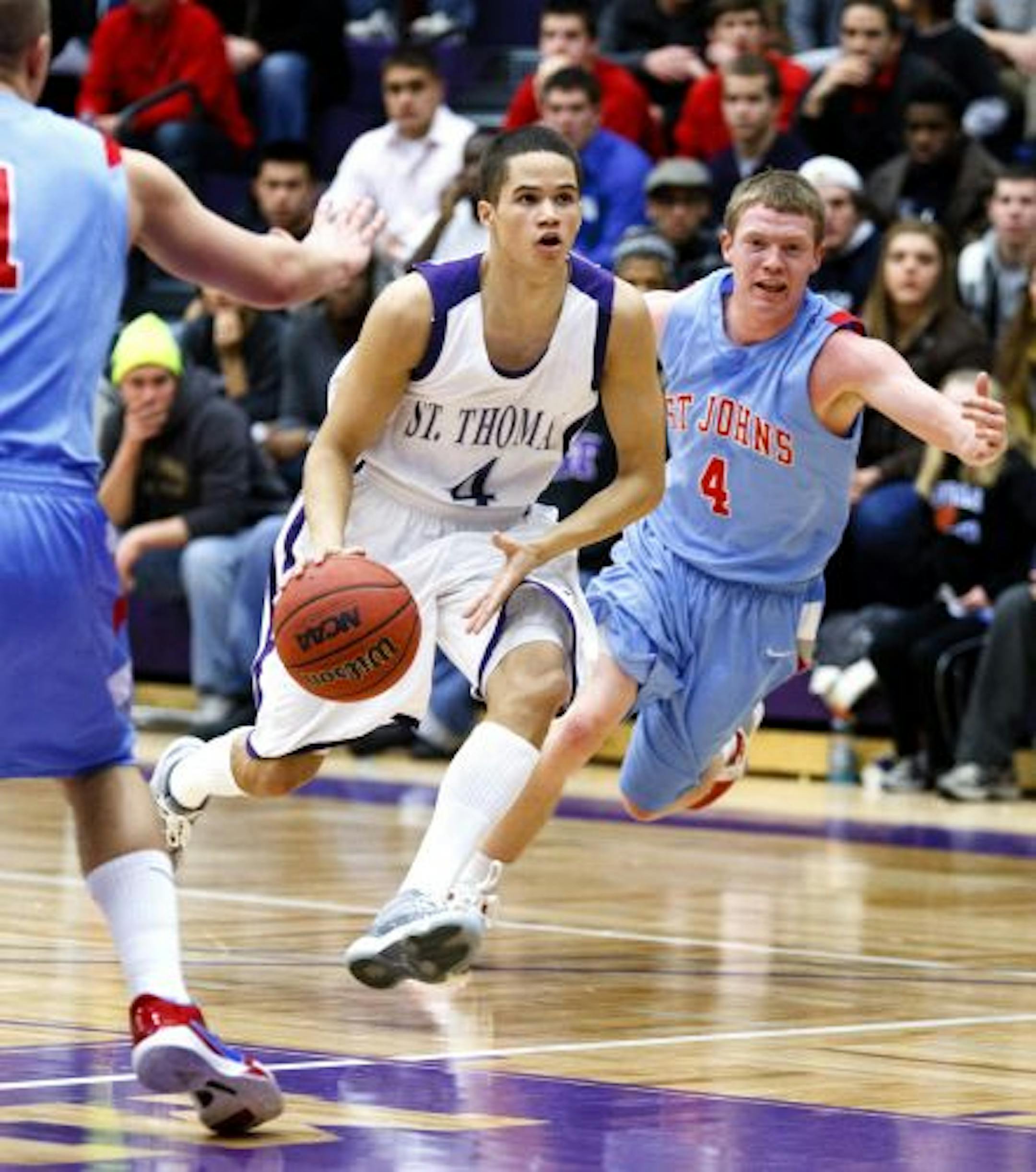 At 5-11, 165 pounds, Tyler Nicolai (4) was deemed too small for Division I, but he's led the Tommies to the Division III Final Four.