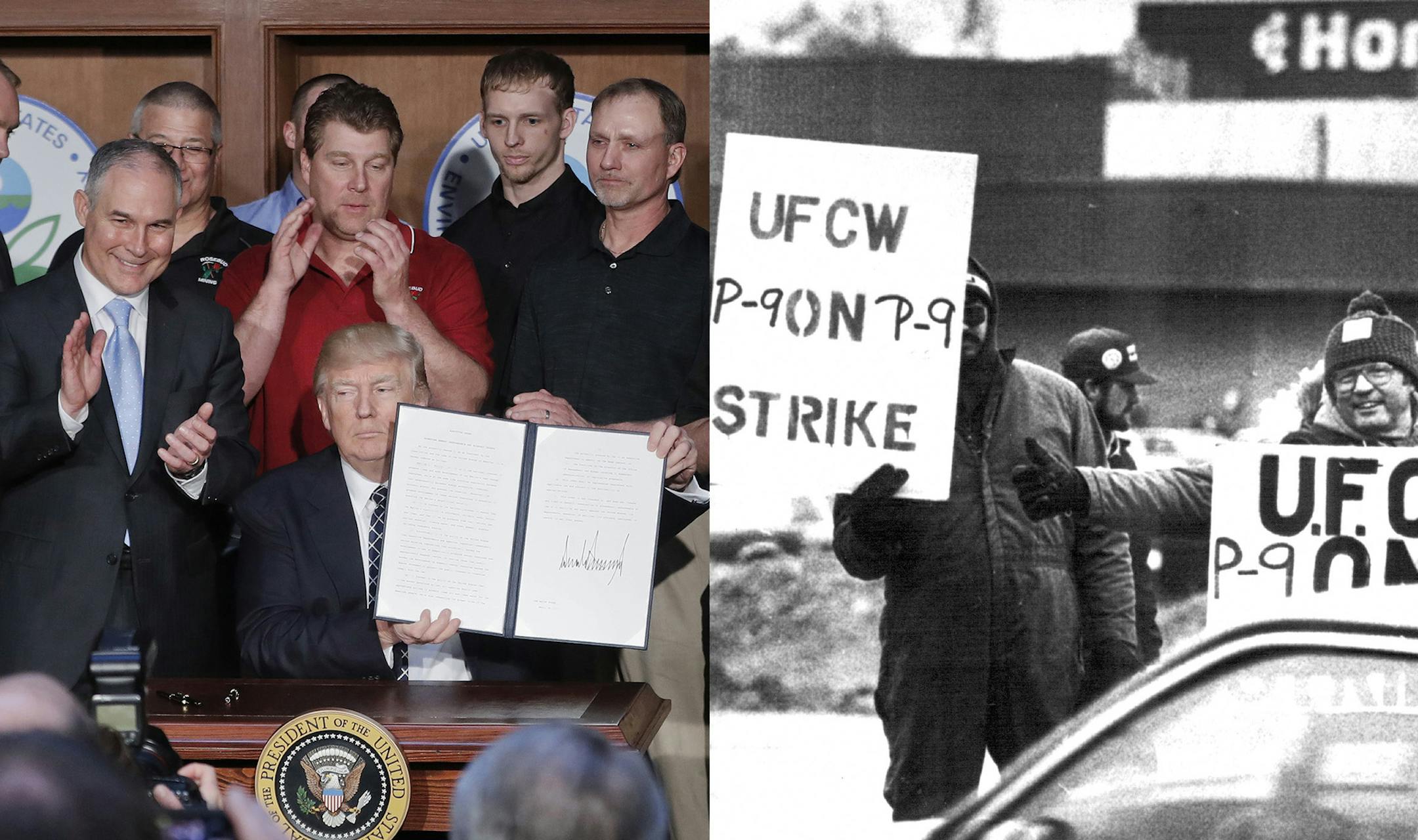 President Donald Trump, accompanied by coal miners and, from left, Interior Secretary Ryan Zinke, Environmental Protection Agency (EPA) Administrator Scott Pruitt, second from right, Energy Secretary Rick Perry, and Vice President Mike Pence, far right, holds up the signed Energy Independence Executive Order, Tuesday, March 28, 2017, at EPA headquarters in Washington. (AP Photo/Pablo Martinez Monsivais)
January 27, 1986 Striking members of the United Food and CoMinneapolis Star Tribuneercial Wor