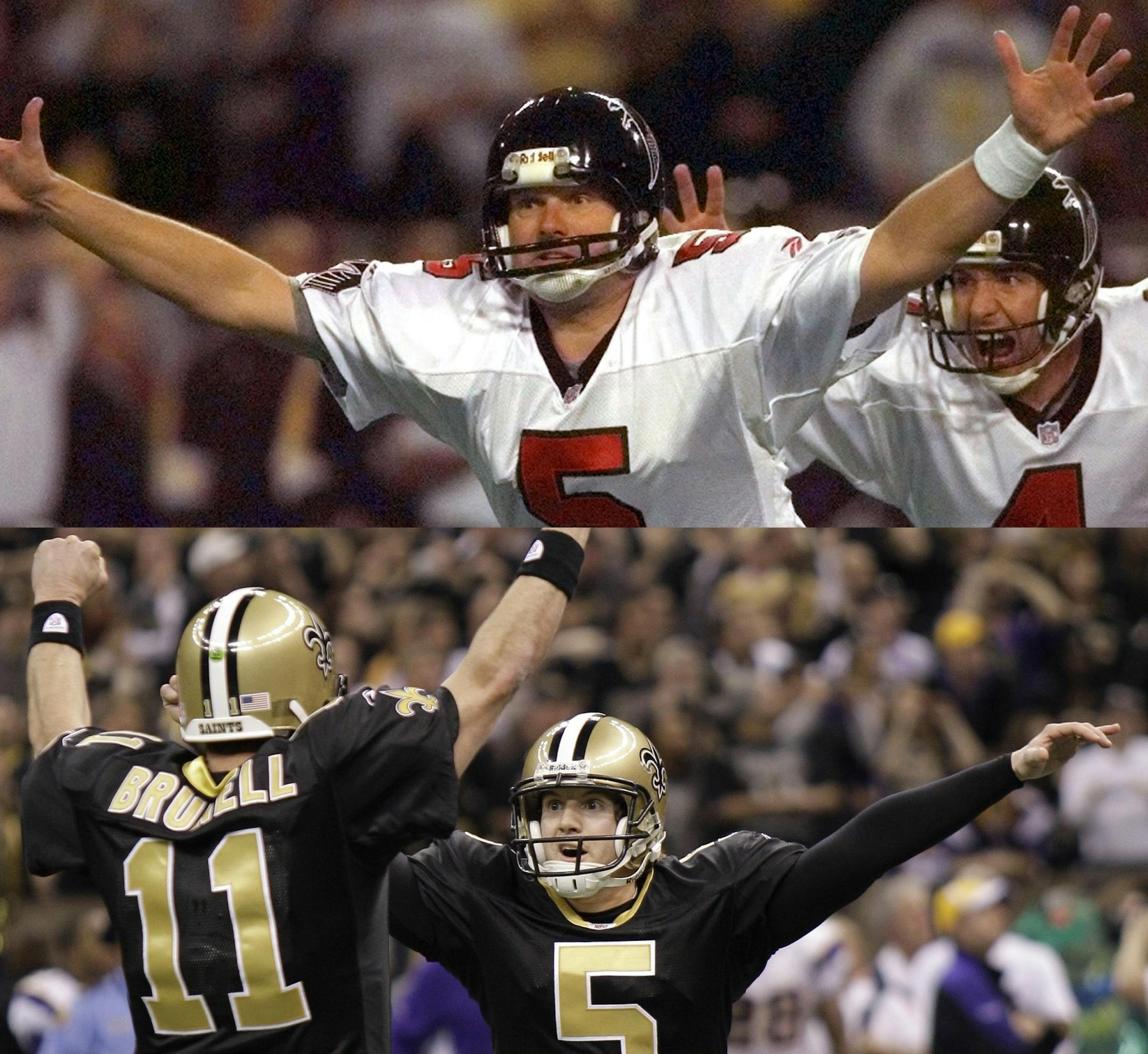 Associated Press photos
The Vikingsí two best chances for a fifth Super Bowl came in NFC Championship Game OT losses to the Falcons, on a field goal by Morten Andersen, top, in January 1999, and the Saints, on a field goal by Garrett Hundley, above, in January 2010. ORG XMIT: NY152