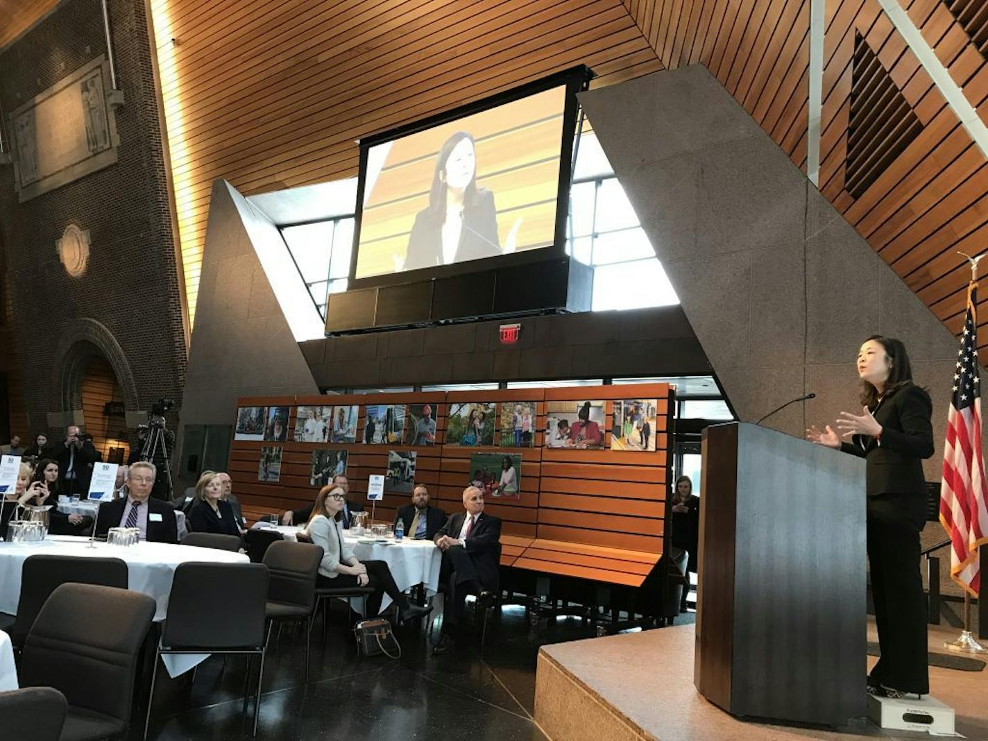 Met Council Chair Alene Tchourumoff addresses the 50th Anniversary Celebration of the Metropolitan Council at the McNamara Alumni Center on Thursday, Jan. 25, 2018.