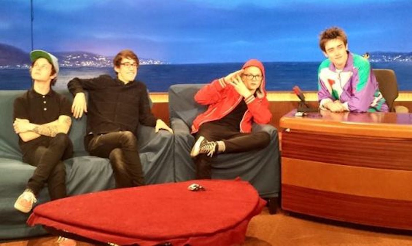 Hippo Campus tweeted this photo goofing around on the set of "Conan" on Tuesday. / Photo by Geoff Harrison, Thirty Tigers