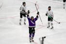 Minnesota forward Taylor Heise celebrates her goal against Boston during the first period of Game 3 of the PWHL championship series Friday at Xcel Ene