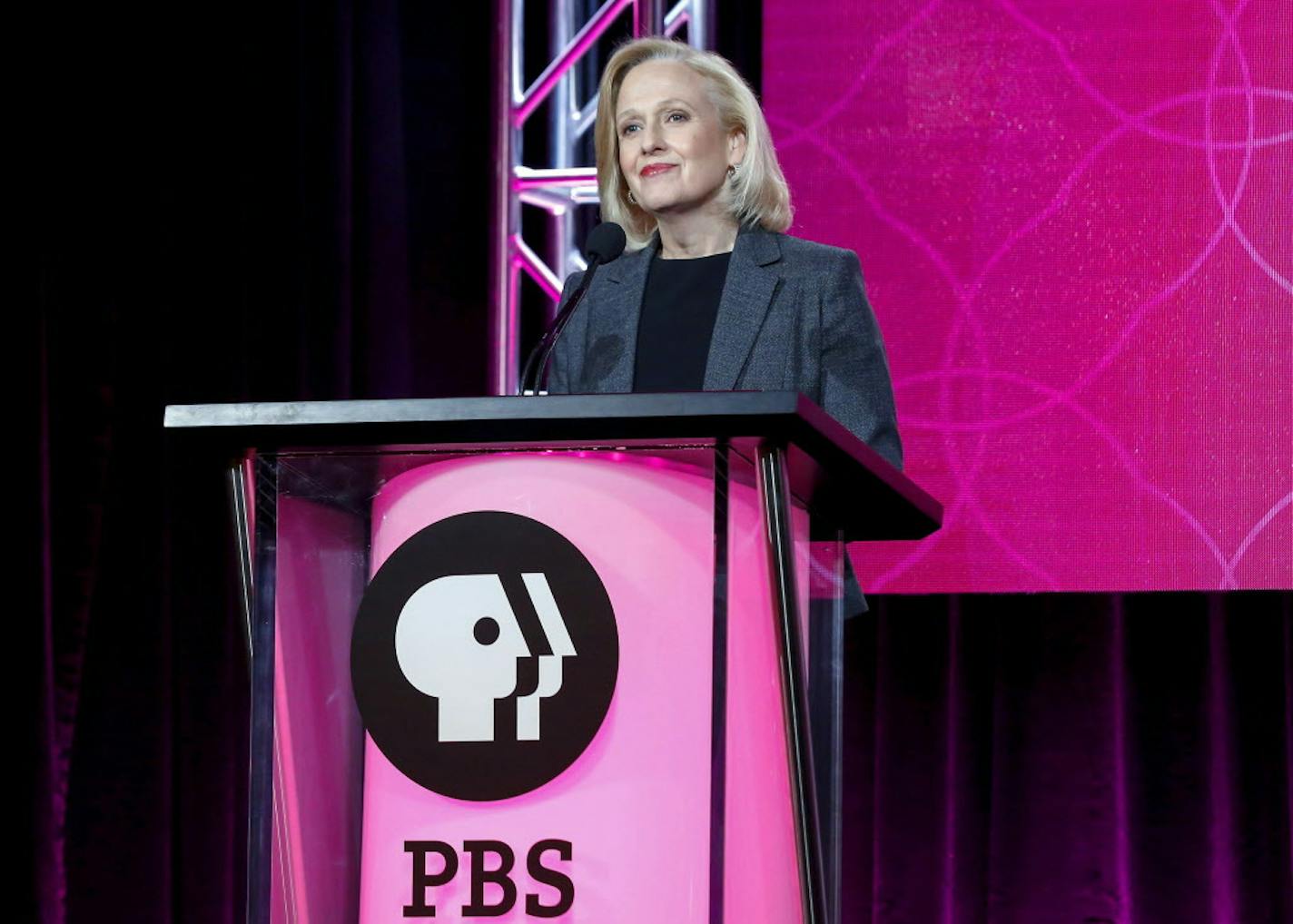 FILE - In this Jan. 15, 2017 file photo, President and CEO Paula Kerger speaks at the PBS's Executive Session at the 2017 Television Critics Association press tour in Pasadena, Calif. President Donald Trump's 2018 budget proposal plans to kill funding for the Corporation for Public Broadcasting (CPB). "We're celebrating the 50th anniversary of the Public Broadcasting Act, what I think has been the most successful public-private partnership _ how ironic it would be if we were defunded this year,"