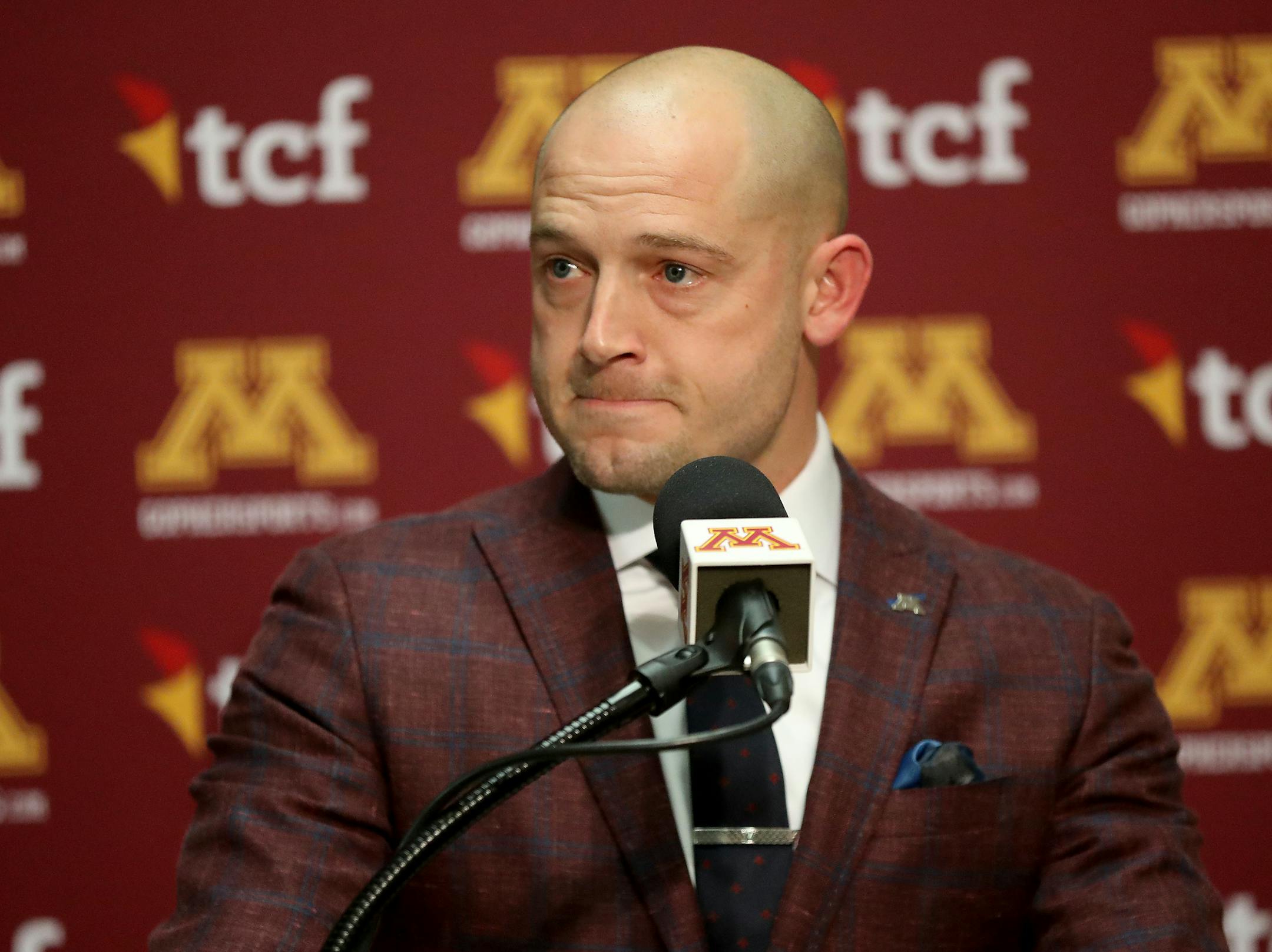 University of Minnesota football coach P.J. Fleck was glowing while talking about the 2019 signing class but was less happy to talk about the names and numbers of players that might not suit up for the upcoming bowl game for breaking team rules during a press conference at the University of Minnesota Wednesday, Dec. 19, 2018, in Minneapolis, MN.] DAVID JOLES • david.joles@startribune.com Main story off Gophers signing day presser