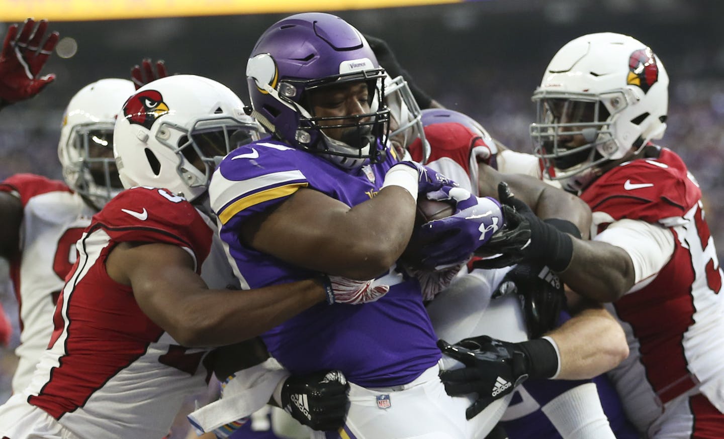 Minnesota Vikings fullback C.J. Ham (30) after gaining a yard on a ] JEFF WHEELER &#x2022; jeff.wheeler@startribune.com The Minnesota Vikings faced the Arizona Cardinals in an NFL football game Sunday afternoon, October 14, 2018 at U.S. Bank Stadium in Minneapolis.