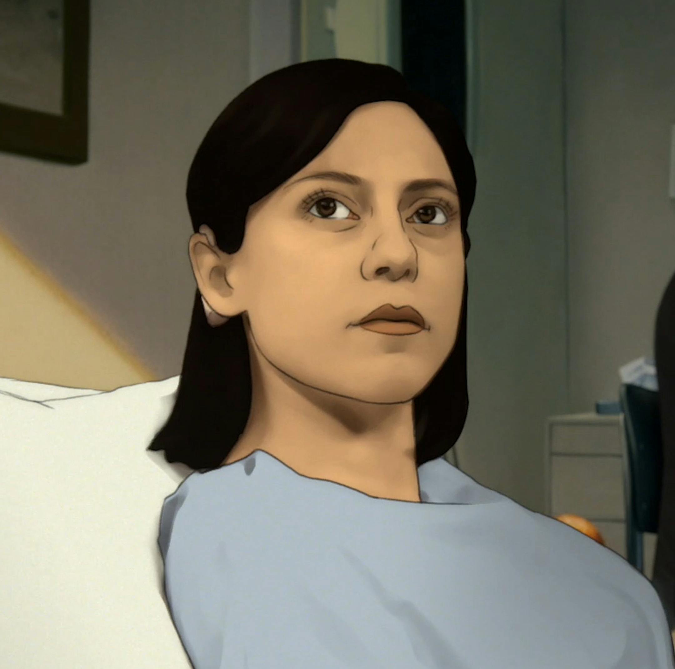 This image released by Amazon shows characters Alma, voiced by Rosa Salazar, left, and Jacob, voiced by Bob Odenkirk in a scene from the animated series "Undone." (Amazon via AP)