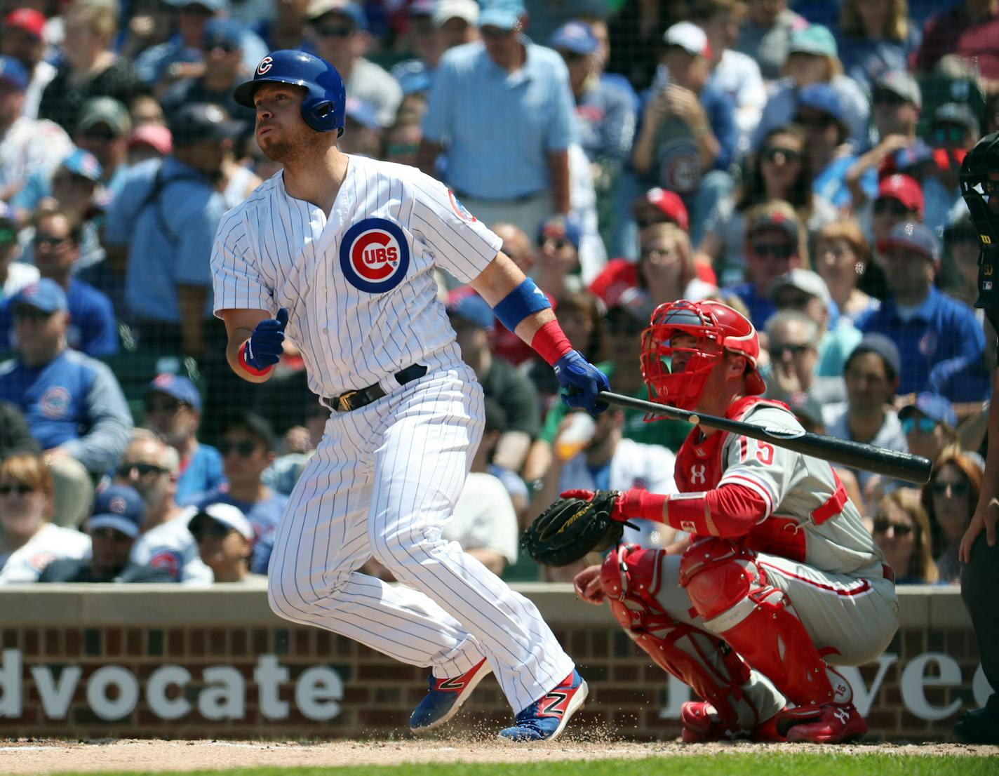 The Chicago Cubs' Chris Gimenez flies out against the Philadelphia Phillies on Thursday, June 7, 2018, at Wrigley Field in Chicago. The Cubs won, 4-3. (Brian Cassella/Chicago Tribune/TNS) ORG XMIT: 1233106