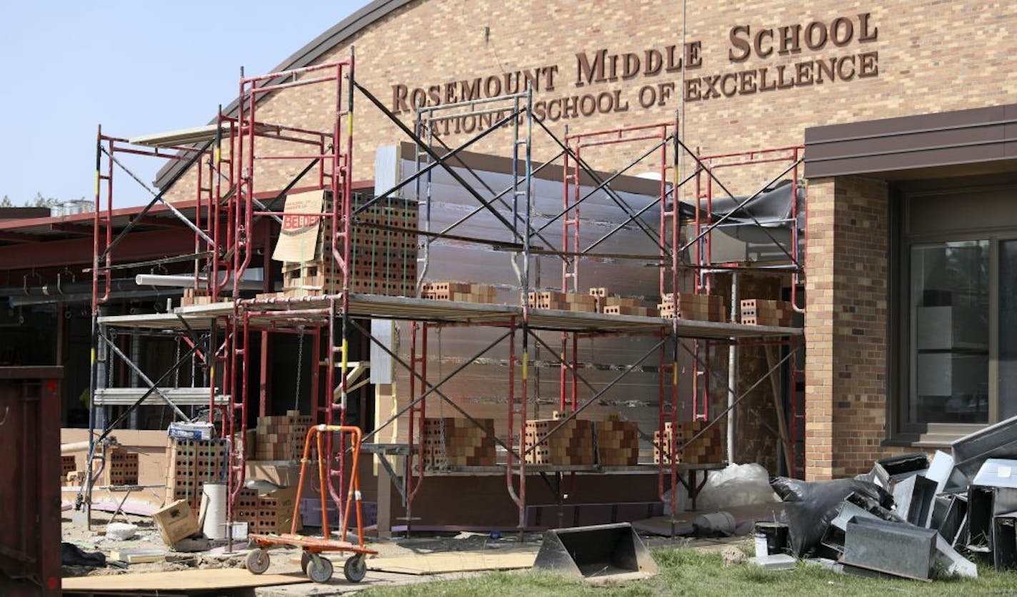 Construction at Rosemount Middle School, where workers are finishing up a new secure entryway.