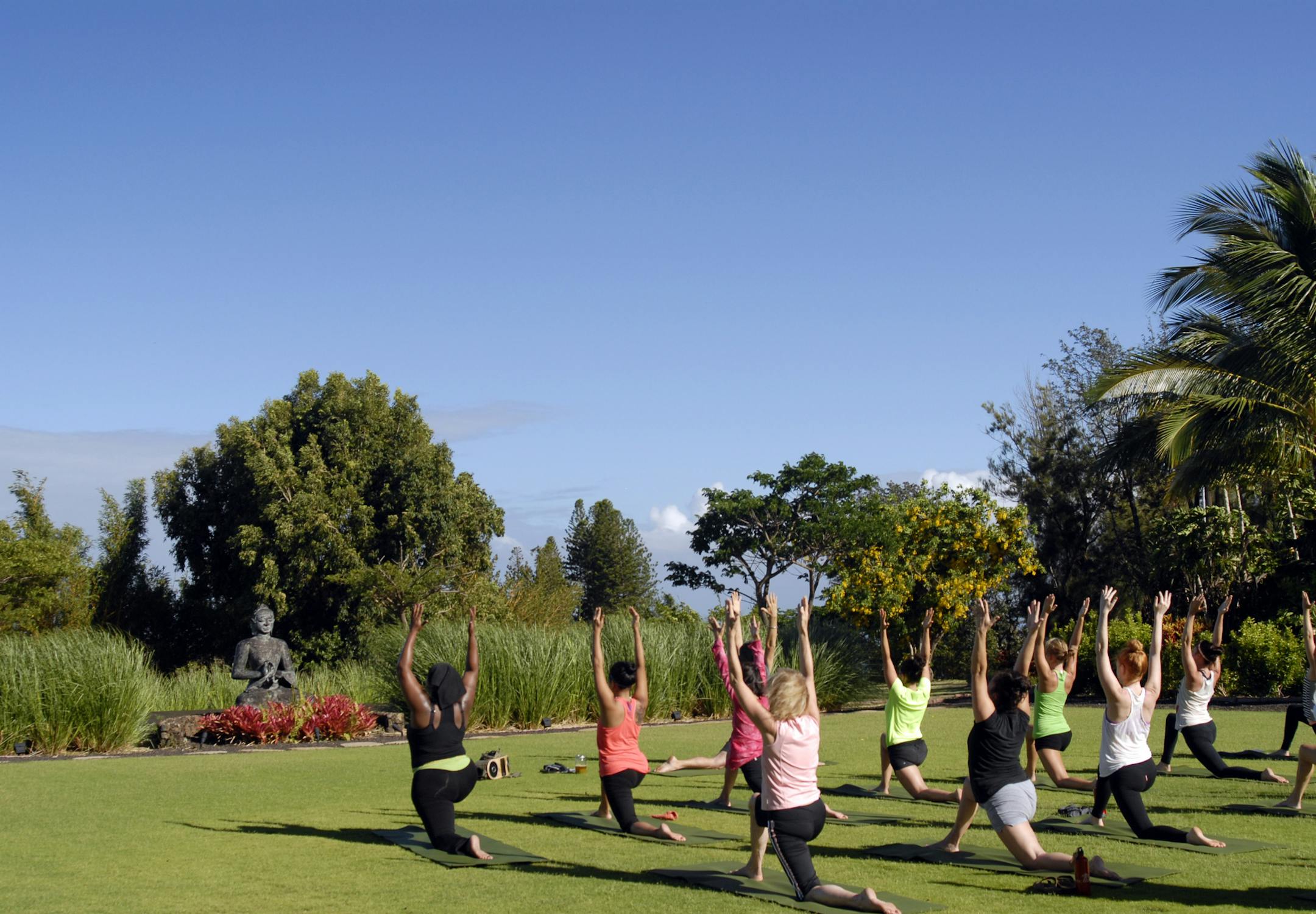 An undated handout photo of the yoga lawn at the Lumeria Maui hotel in Hawaii. The former plantation home turned New Age retreat bills itself as a "sanctuary for authentic transformational travel," offering yoga classes on its tranquil grounds located on the lower slopes of Haleakala Volcano. (Lumeria Maui via The New York Times) -- NO SALES; FOR EDITORIAL USE ONLY WITH STORY SLUGGED SUMMER RENTALS BY FREDA MOON. ALL OTHER USE PROHIBITED. -- PHOTO MOVED IN ADVANCE AND NOT FOR USE - ONLINE OR IN
