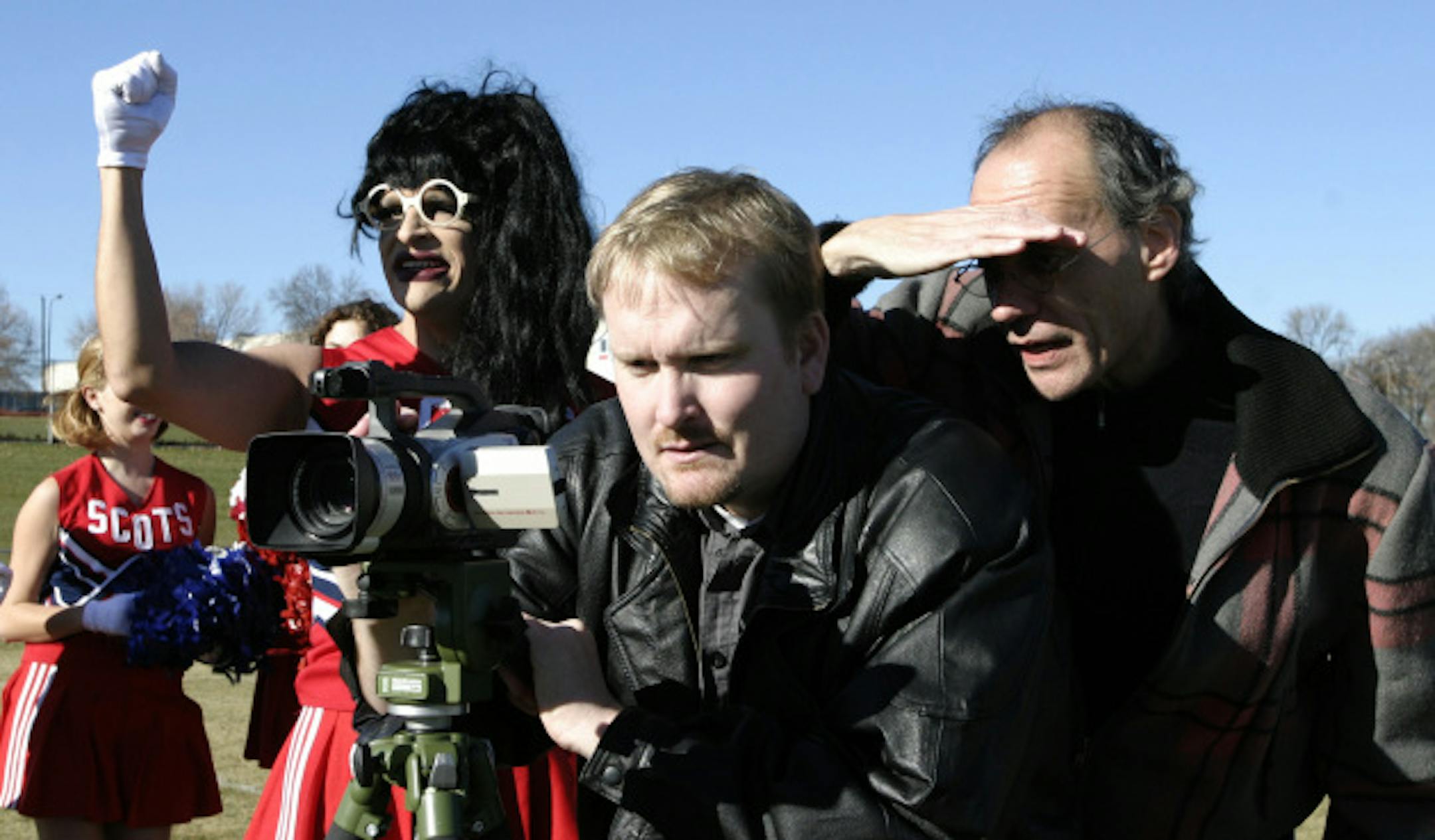 Russ King, Miss Richfield 1981, Karl Reichert, videographer, and Michael Robins, Director, at work making video for Illusion Theater production.