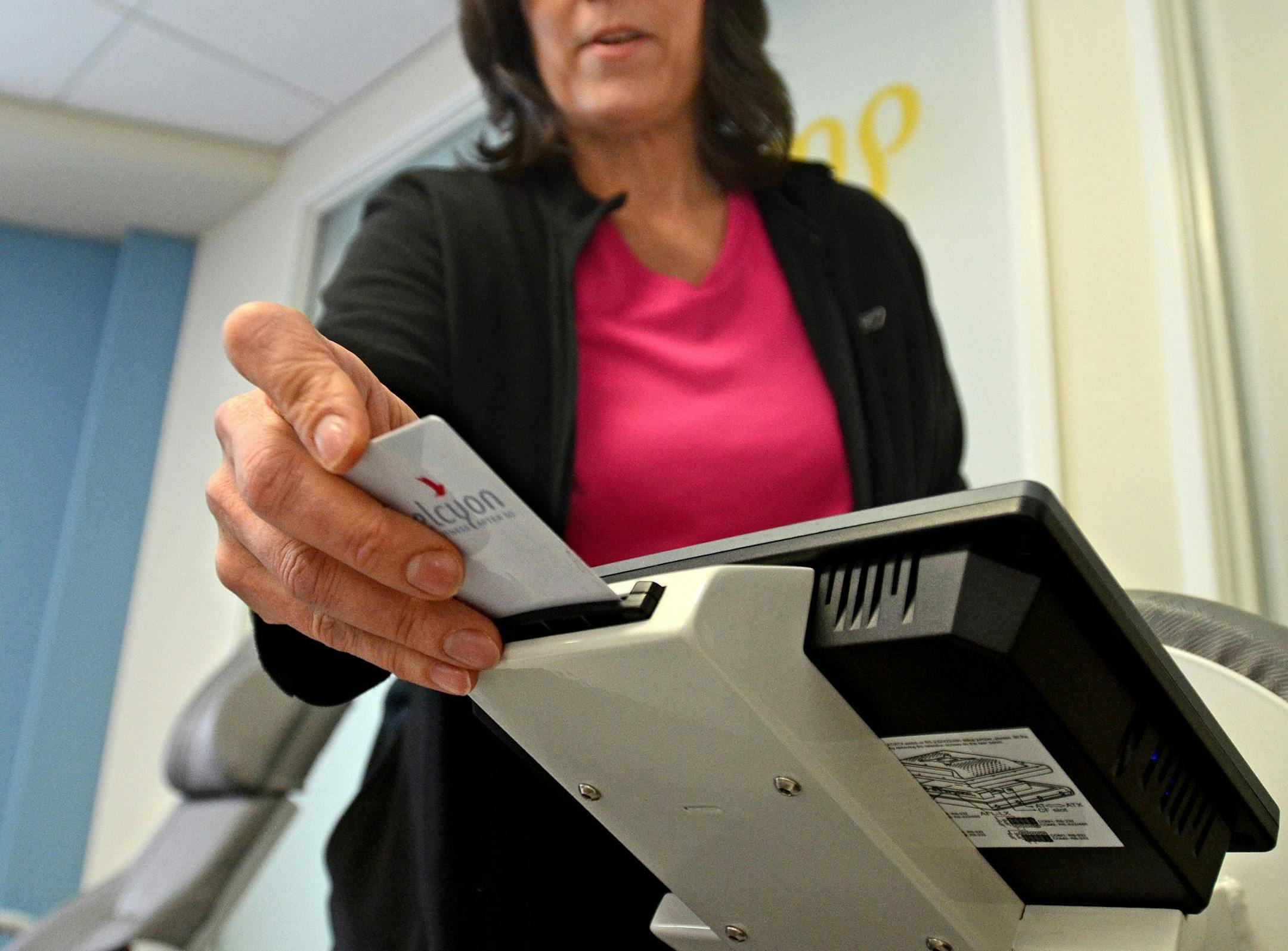 Sandy Foley of Minnetonka prepared to work out on the Optimal Rhomb at Welcyon. Foley is 50 years old. ] Joey McLeister,Special to the Star Tribune,Edina,MN January14,2014