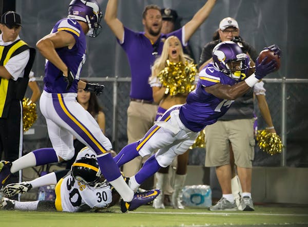 Vikings rookie Stefon Diggs lunged for the end zone after a 62-yard punt return against Pittsburgh during the third quarter of the Hall of Fame Game o