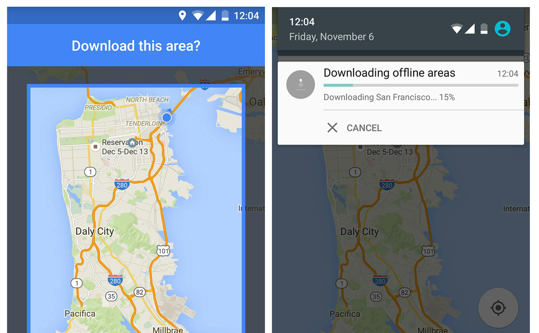 This smartphone screen grab provided by Google shows a map of the San Francisco Bay Area during a demonstration of Google Maps' new offline navigation option. With an update for Android phones Tuesday, Nov. 10, 2015, users will be able to search nearby businesses and get driving directions, including turn-by-turn voice prompts, even if the Internet connection is spotty or non-existent. Google said a version for iPhones will come soon. (Google via AP)