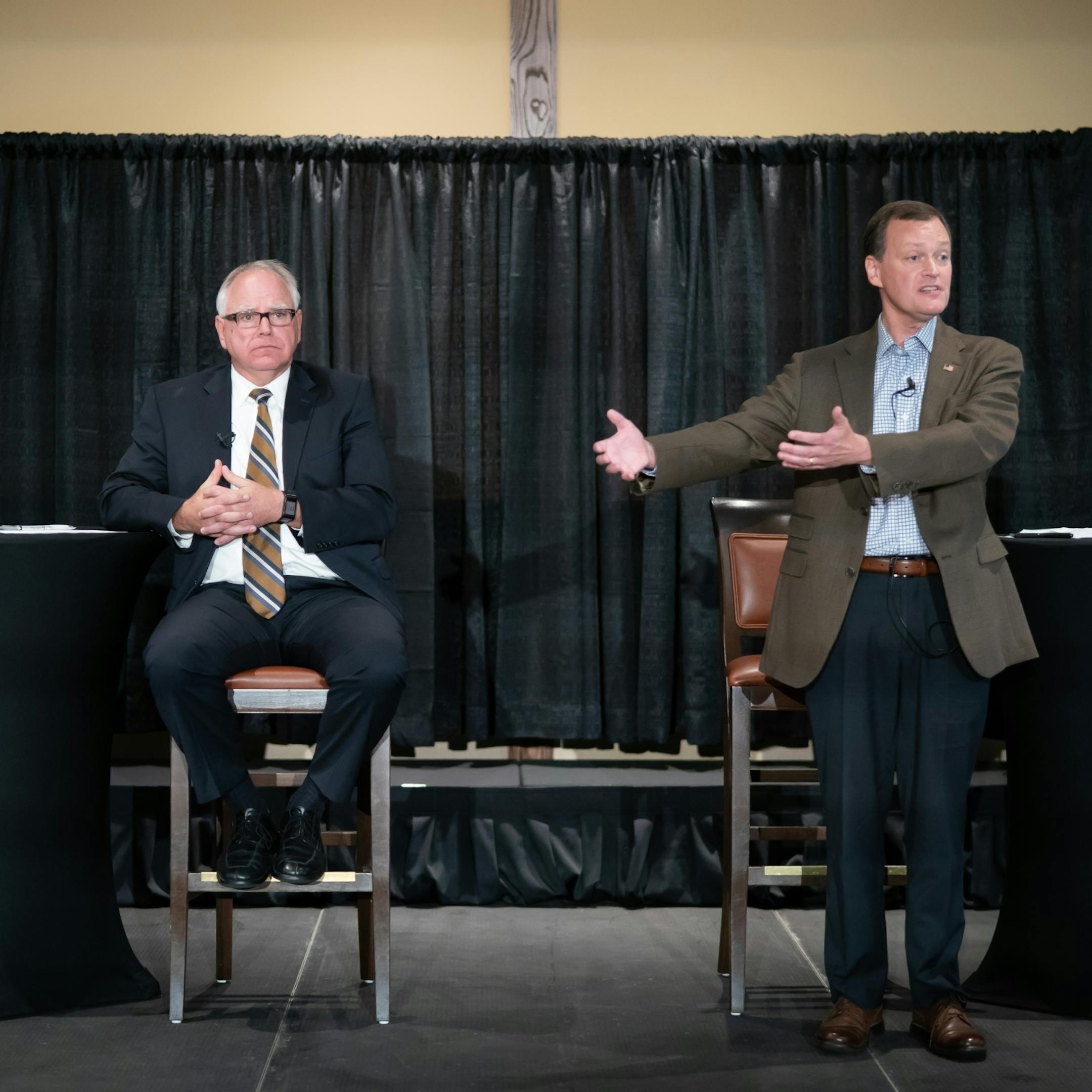 Each candidates for governor, Tim Walz and Jeff Johnson, stood as they made their closing arguments at the end of their first debate at Grand View Lodge, Nisswa, MN. Tom Hauser of KSTP moderated the debate.