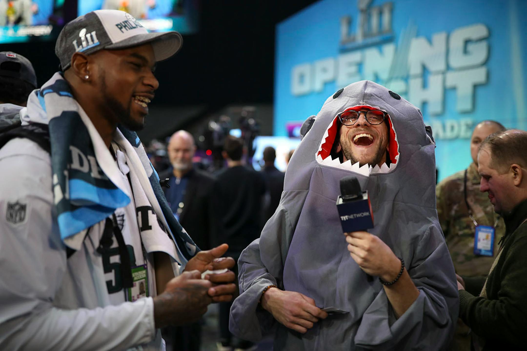 The Eagles' Nigel Bradham was interviewed by a guy in a shark suit during the Philadelphia Eagles' media availability on Opening Night.