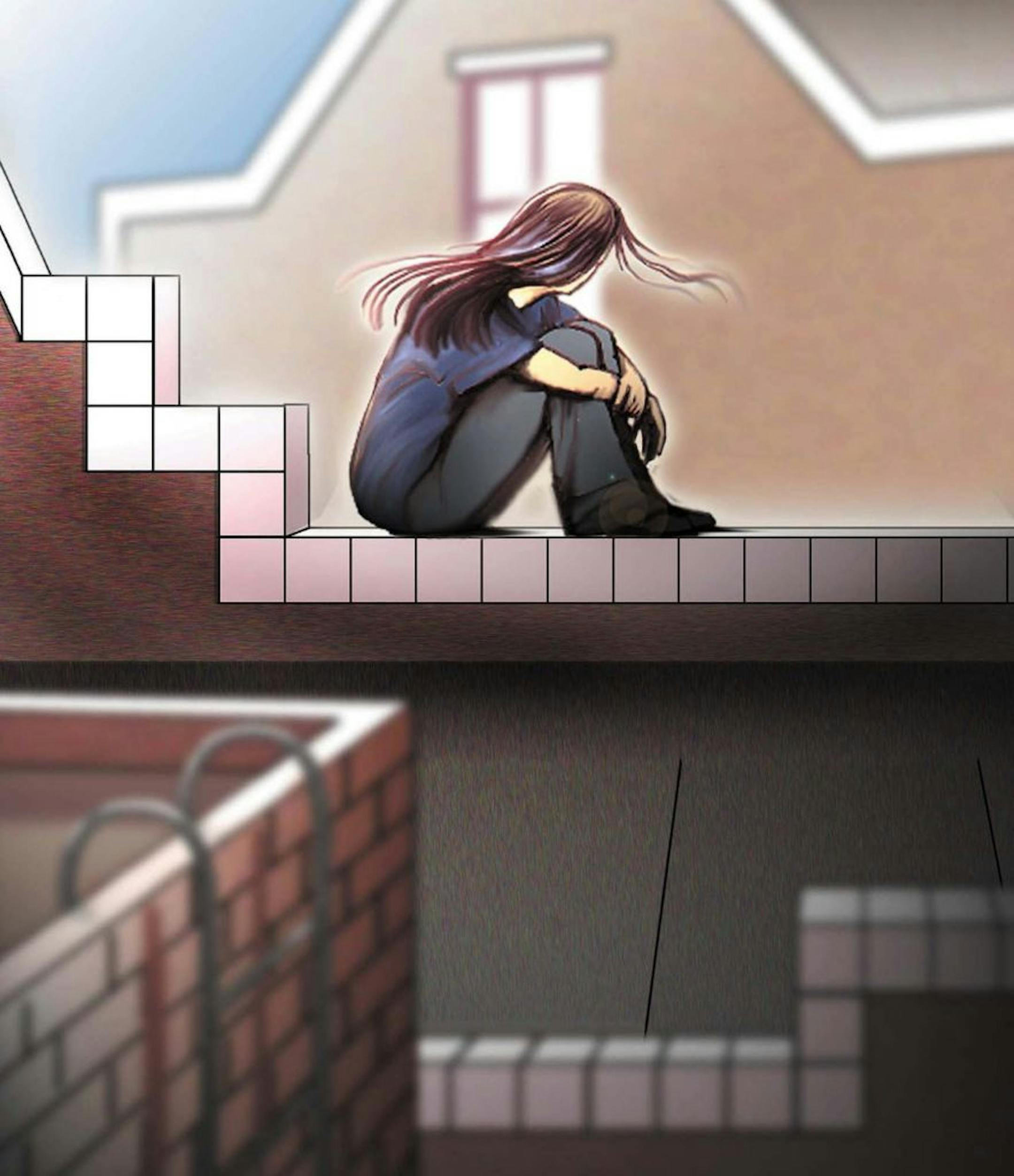 300 dpi 3 col x 7 in / 146x178 mm / 497x605 pixels John Roberge color illustration of a depressed teen-age girl sitting alone on a rooftop. Tallahassee Democrat 2003 <p> KEYWORDS: krtcampus depressed student depression mental health illness loner loneliness suicide suicidal thoughts commit commiting teen teenage illustration estudiante depresion adolescente salud ilustracion grabado contributed ta roberge 2003 diversity youth risk women woman