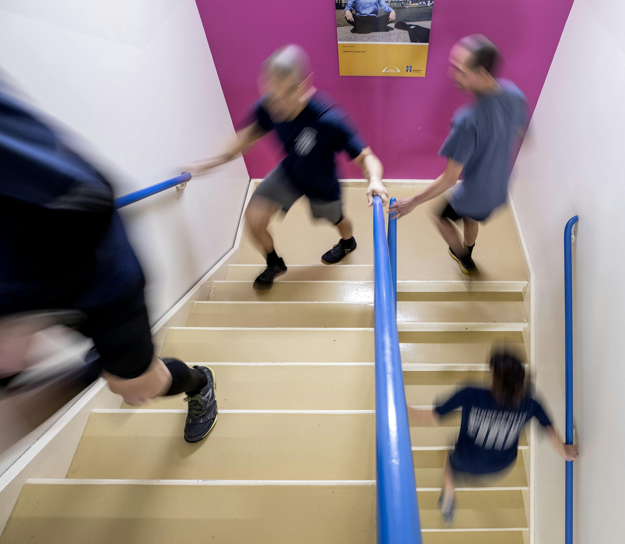 Minneapolis firefighter fighters made their way up the stairs during a training session at the Hennepin County Government Center. ] CARLOS GONZALEZ • cgonzalez@startribune.com – Minneapolis, MN – February 5, 2019, Minneapolis fire fighters doing a training session running up the stairwell stairs at the Hennepin County Government Center to the top of the 20+ story building, riding the elevator down and repeating.