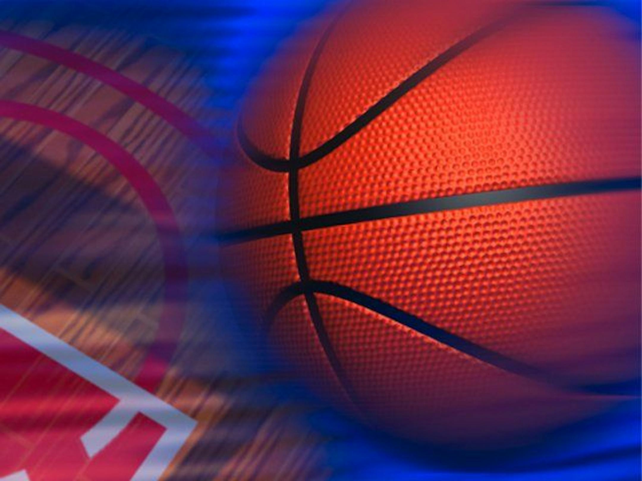 Graphic shows a basketball court in the background and a ball in the foreground.