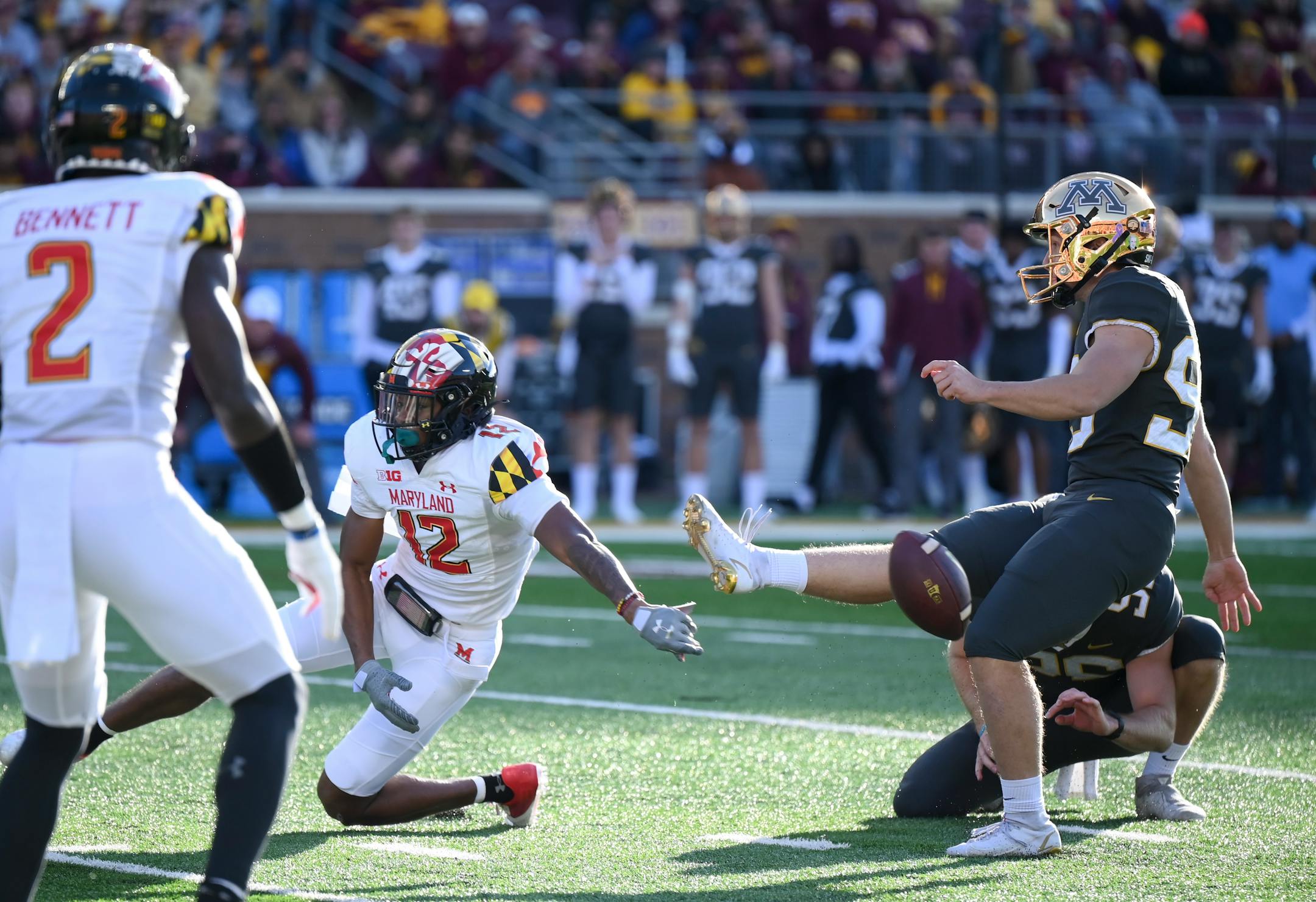 Maryland Terrapins defensive back Tarheeb Still (12) blocks a field goal attempt by Minnesota Gophers place kicker Dragan Kesich (99) during the second quarter of a football game between the University of Minnesota Gophers and the Maryland Terrapins Saturday, Oct. 23, 2021 at Huntington Bank Stadium in Minneapolis, Minn. ] AARON LAVINSKY • aaron.lavinsky@startribune.com