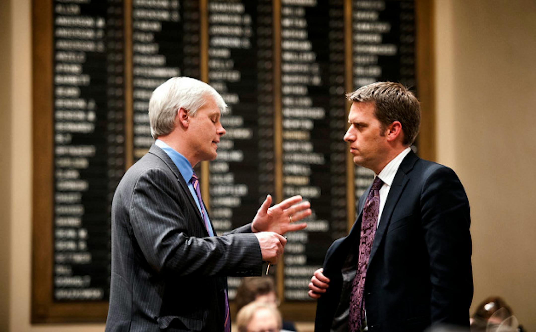 GOP Minority Leader Kurt Daudt, right, was unhappy that members hadn't yet had a chance to read the budget bills coming out of conference committees that were scheduled to be voted on the same day  and wanted to know from DFL House Speaker Paul Thissen when they would be available, Saturday, May 18, 2013  ]   GLEN STUBBE * gstubbe@startribune.com