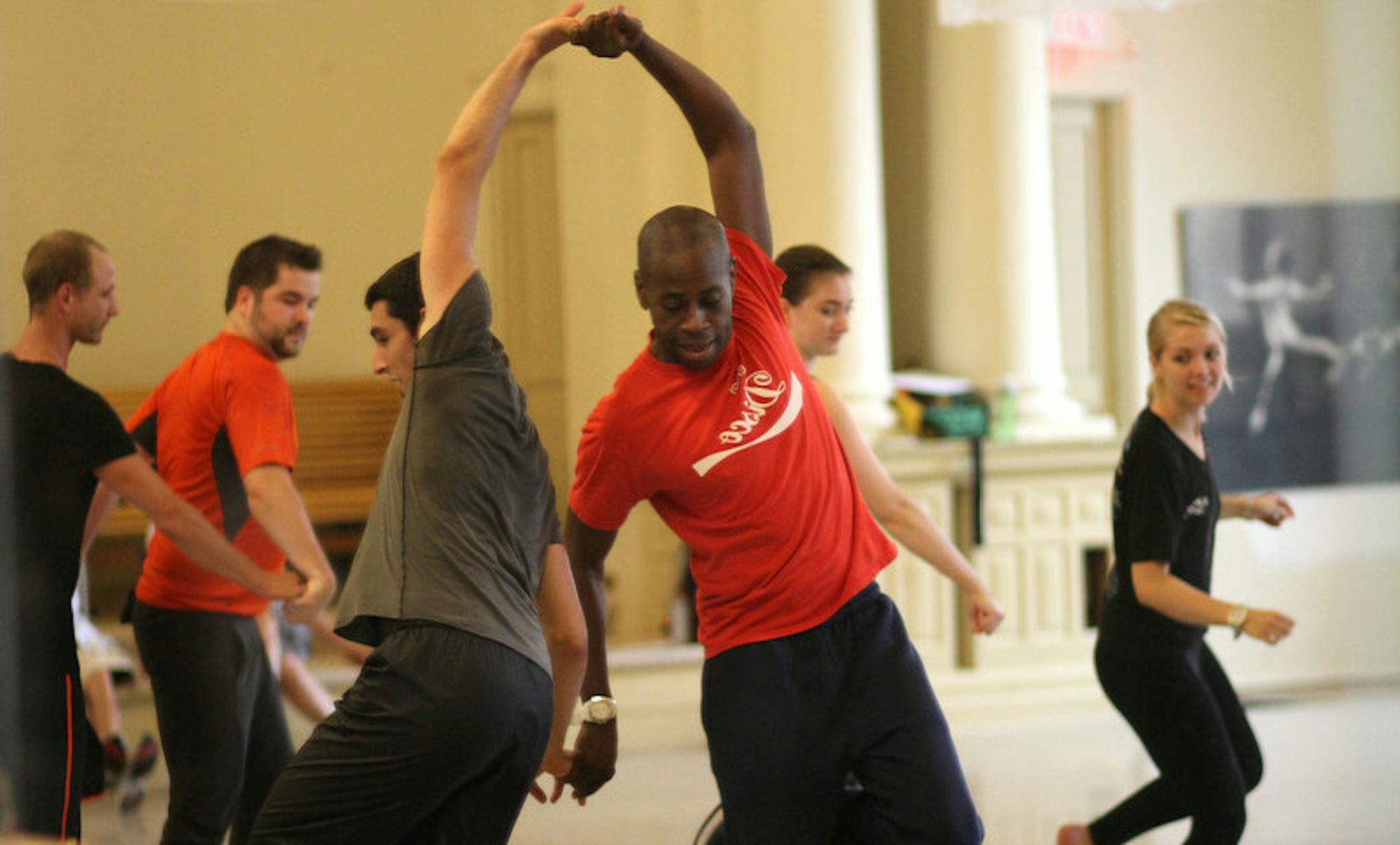 Golden Boys in rehearsal. Pictured from left to right are performers Bryan Gerber and Devin Malone, Jeremy Bensussan (producer) and Horace Turnbull (creator), Anna Novak and Kia Kolbinger (assistants). Photo credit Karen Johnson.