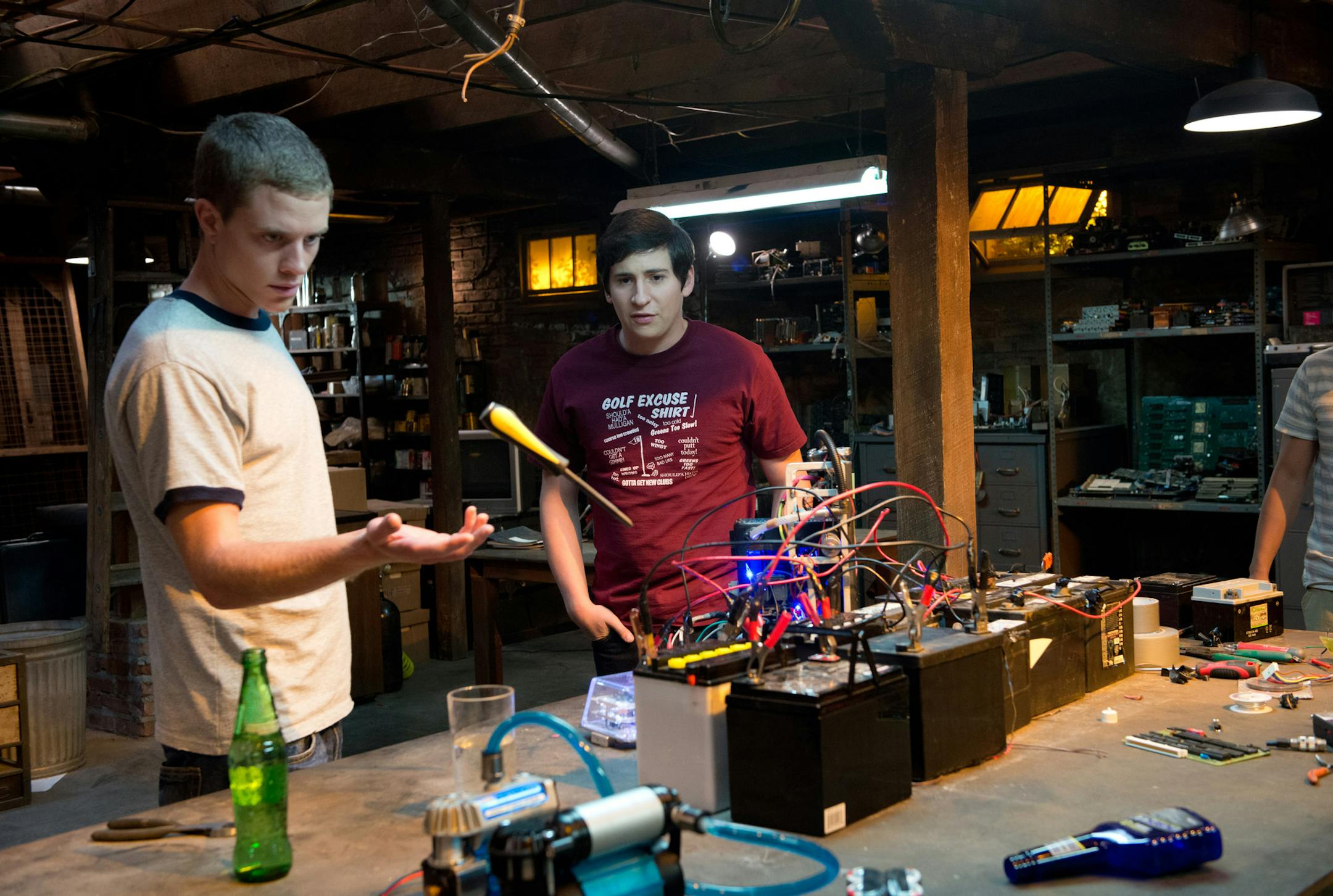 This photo released by Paramount Pictures shows, Jonny Weston, left, as David Raskin, and Sam Lerner as Quinn Goldberg, in a scene from the film, "Project Almanac," from Insurge Pictures, in association with Michael Bay. (AP Photo/Paramount Pictures, Guy D'Alema)