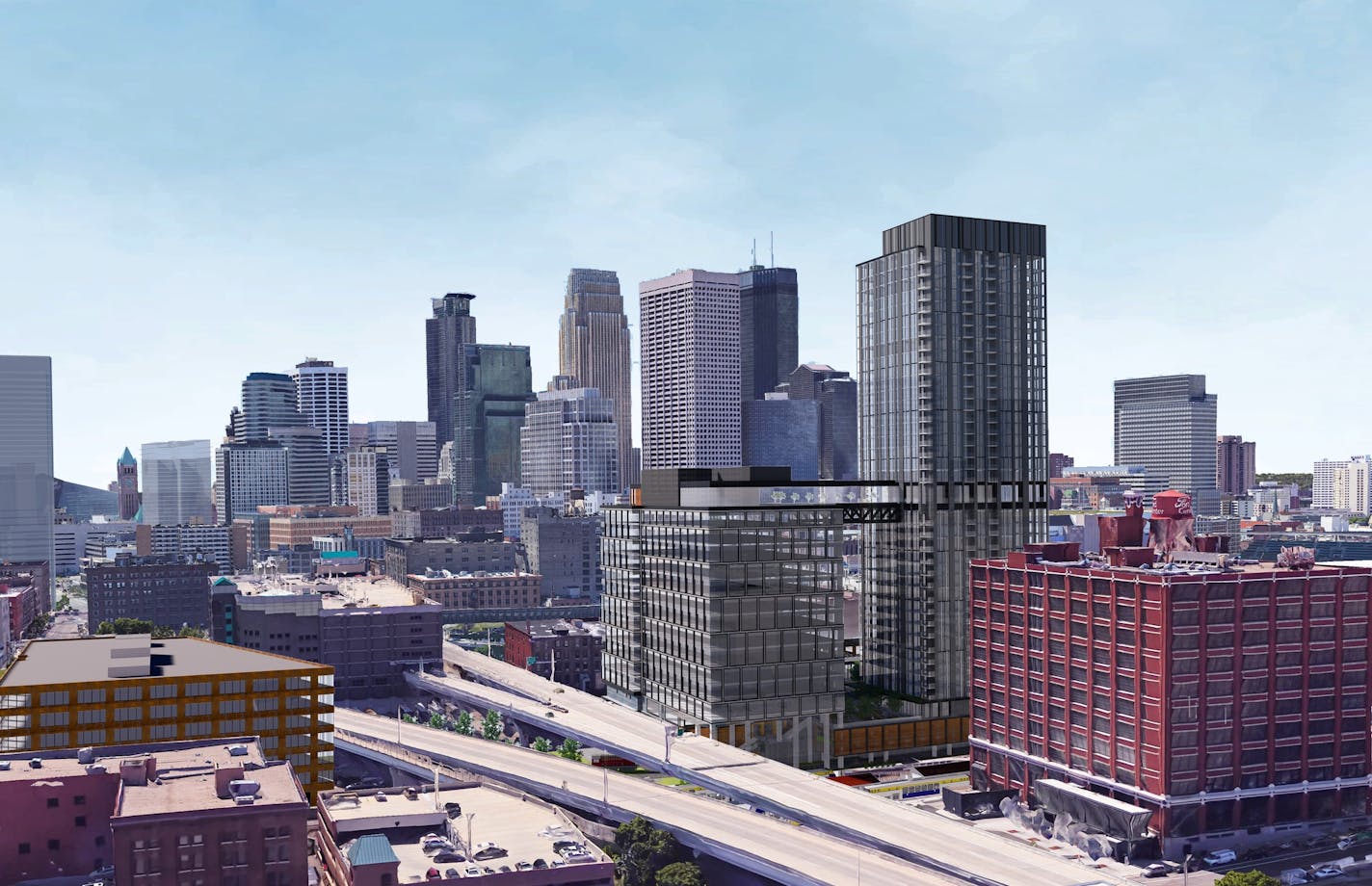 Hines is moving forward with plans to build a pair of glass and steel towers in the North Loop neighborhood, including a 35-story apartment tower with 450 apartments and a 14-story office tower with 340,000 square-feet of office space that&#x2019;ll be linked by a 14th-floor skyway that will house amenities for residents of the apartments. (Rendering courtesy of ESG Architects.)