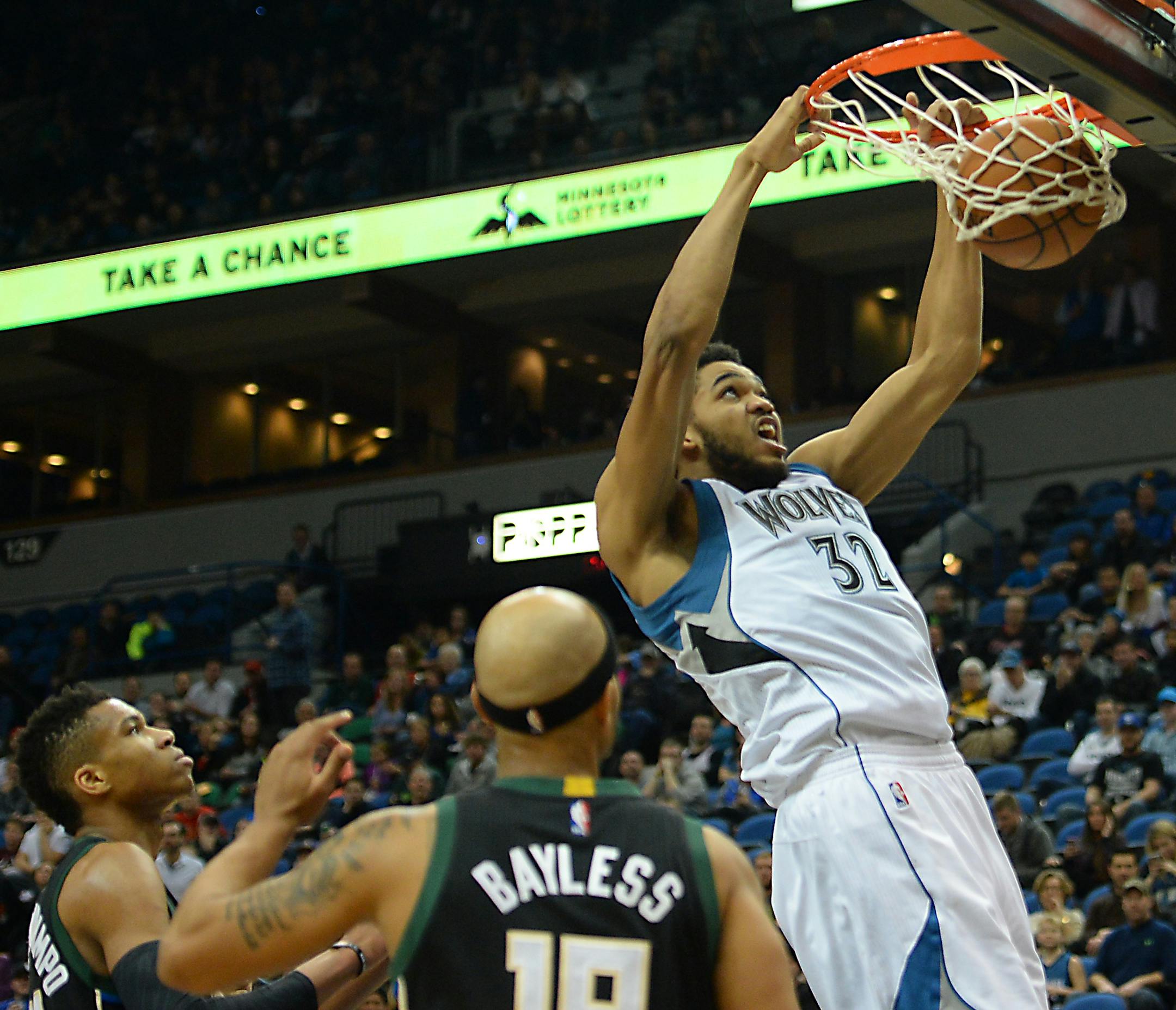 Minnesota Timberwolves center Karl-Anthony Towns (32) dunked in the second quarter against the Milwaukee Bucks. ] (AARON LAVINSKY/STAR TRIBUNE) aaron.lavinsky@startribune.com The Minnesota Timberwolves played the Milwaukee Bucks on Saturday, Jan. 2, 2016 at Target Center in Minneapolis, Minn.