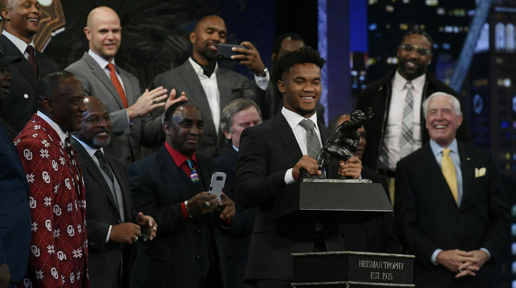 Oklahoma State quarterback Kyler Murray speaks after winning the Heisman Trophy on Saturday, Dec. 8, 2018 in New York, NY. (Todd J. Van Emst/Heisman Trophy Trust via AP, Pool)