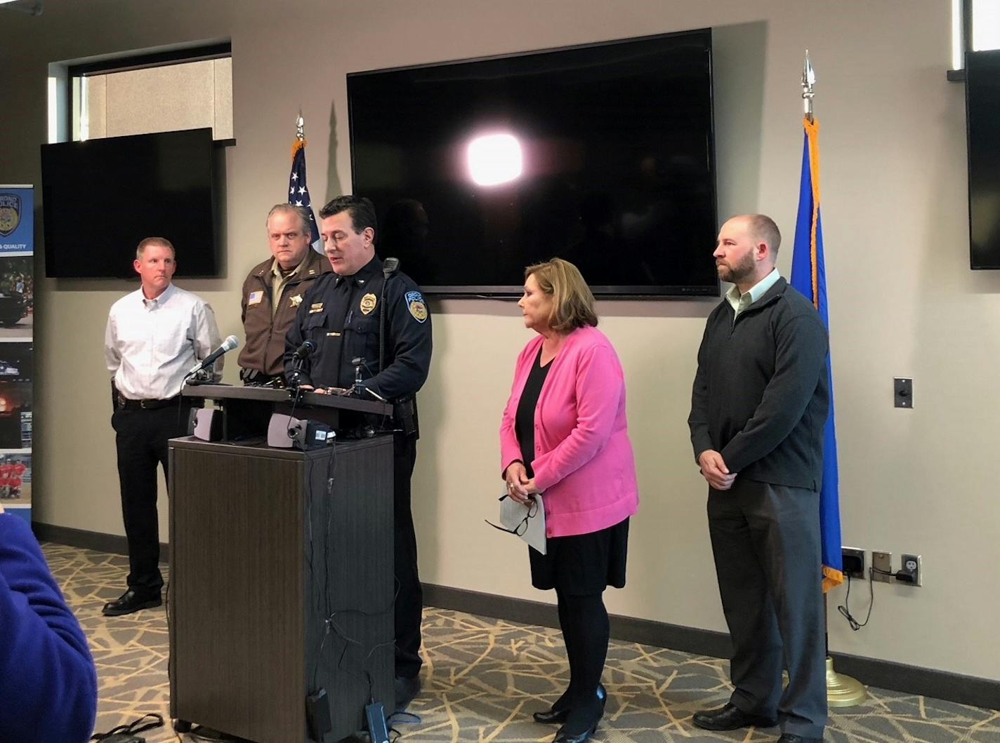 Orono Police Chief Correy Farniok said a student was arrested at the high school Wednesday after a threat of gun violence that came from the school. At right is Superintendent Karen Orcutt.