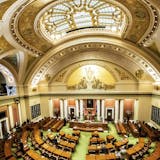 Democratic House Speaker Melissa Hortman, of Brooklyn Park calls for members to stand in silence and bow their heads for 8 Minutes and 46 seconds in honor of George Floyd Friday, June 12, 2020, as the Minnesota State Legislature met in a special session. (Glen Stubbe/Star Tribune via AP)