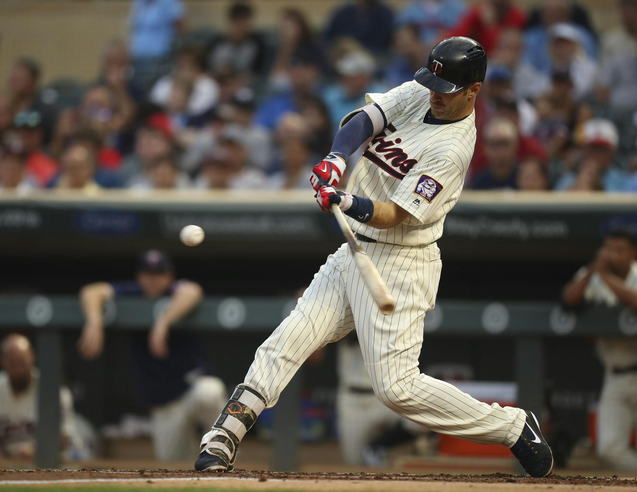 Twins first baseman Joe Mauer swung for an RBI double to deep right in the first inning, scoring Brian Dozier. ] JEFF WHEELER ï jeff.wheeler@startribune.com The Minnesota Twins faced the Chicago White Sox in an MLB baseball game Wednesday night, August 30, 2017 at Target Field in Minneapolis.