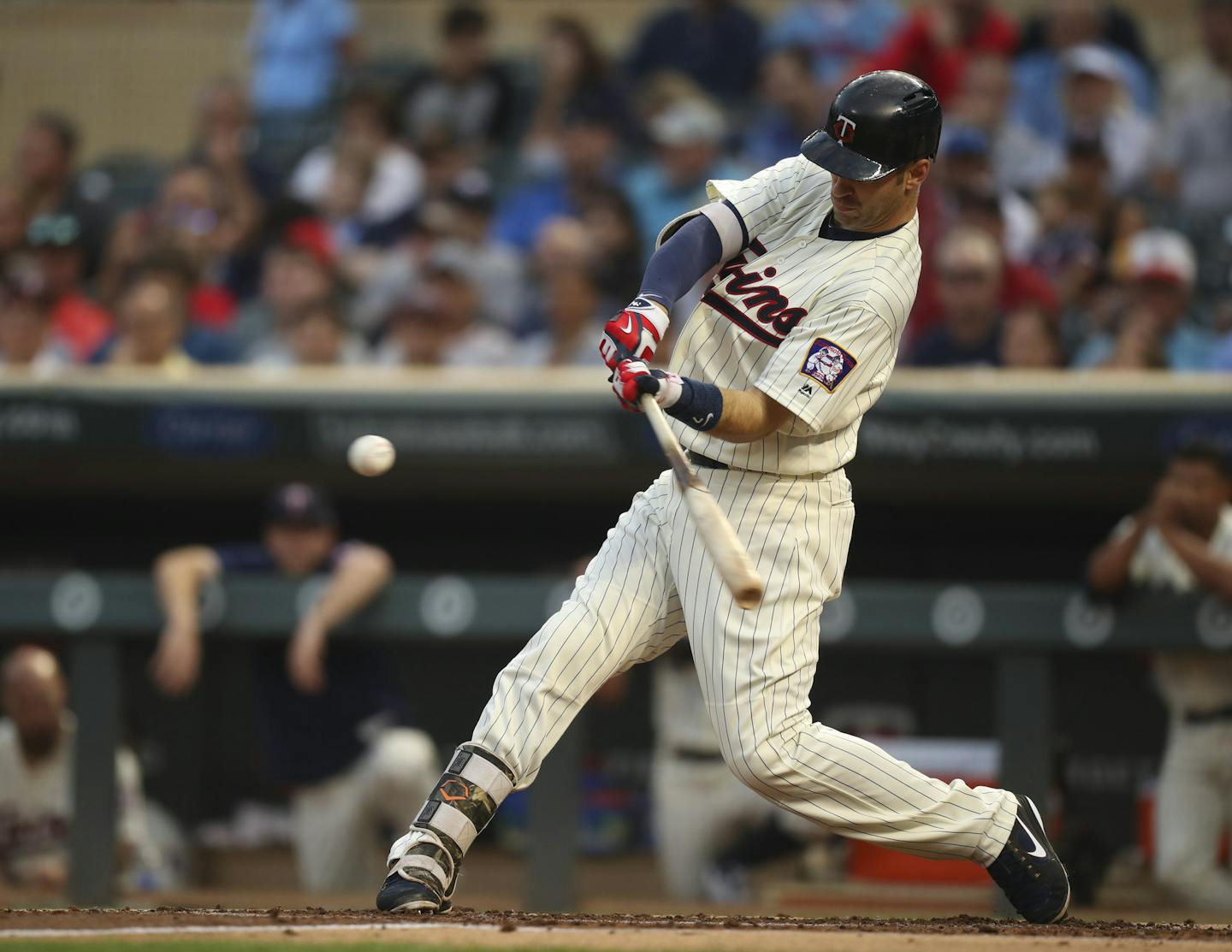 Twins first baseman Joe Mauer swung for an RBI double to deep right in the first inning, scoring Brian Dozier. ] JEFF WHEELER &#xef; jeff.wheeler@startribune.com The Minnesota Twins faced the Chicago White Sox in an MLB baseball game Wednesday night, August 30, 2017 at Target Field in Minneapolis.