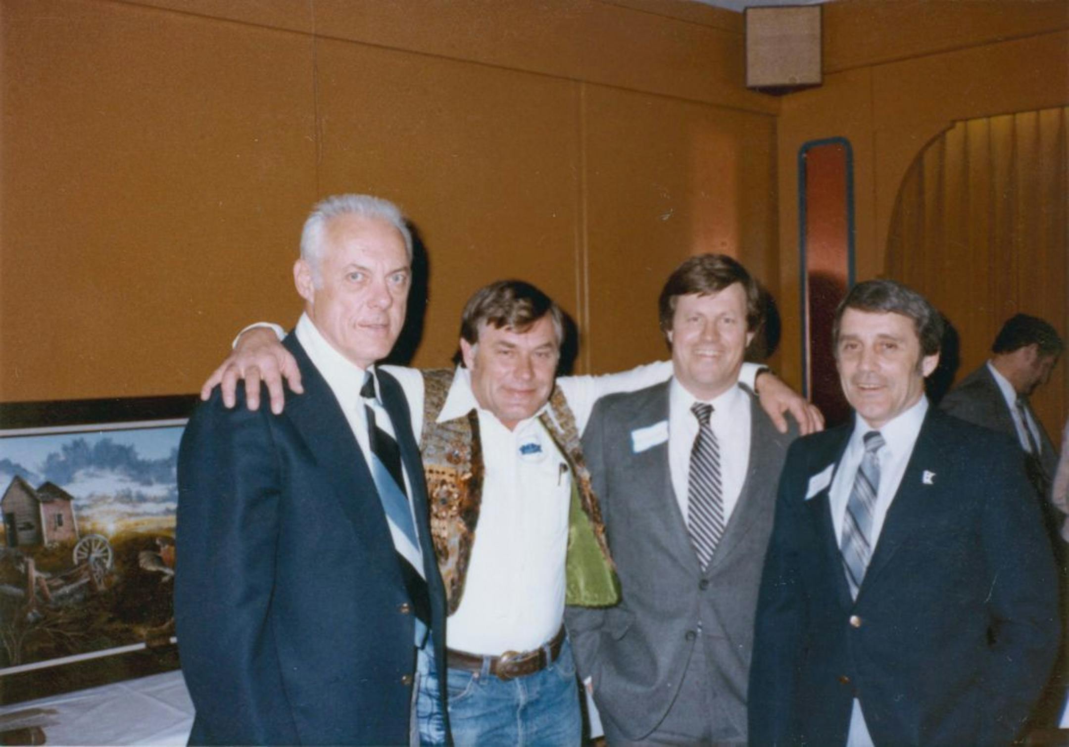 At the first-ever Pheasants Forever banquet at the old Prom Ballroom in St. Paul in 1983, Bud Grant, left, gathered with Howie Hanson, Rep. Collin Peterson and retired state Sen. Bob Lessard of International Falls.
