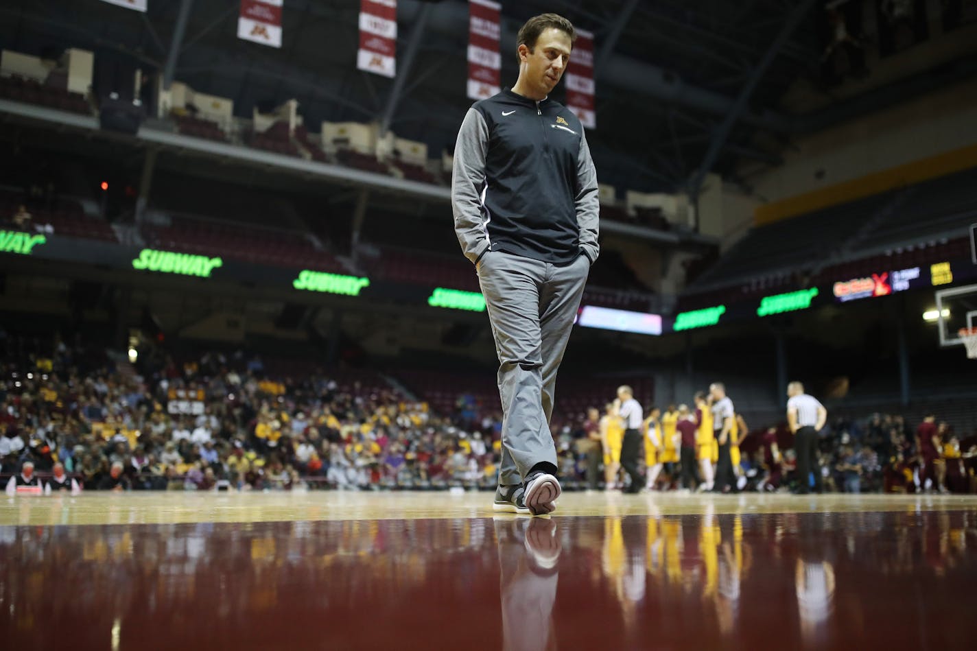 Gopher coach Richard Pitino walked down the court during the University of Minnesota Maroon and Gold Scrimmage at Williams Arena Sunday October 29,2017 in Minneapolis , MN. ] JERRY HOLT • jerry.holt@startribune.com