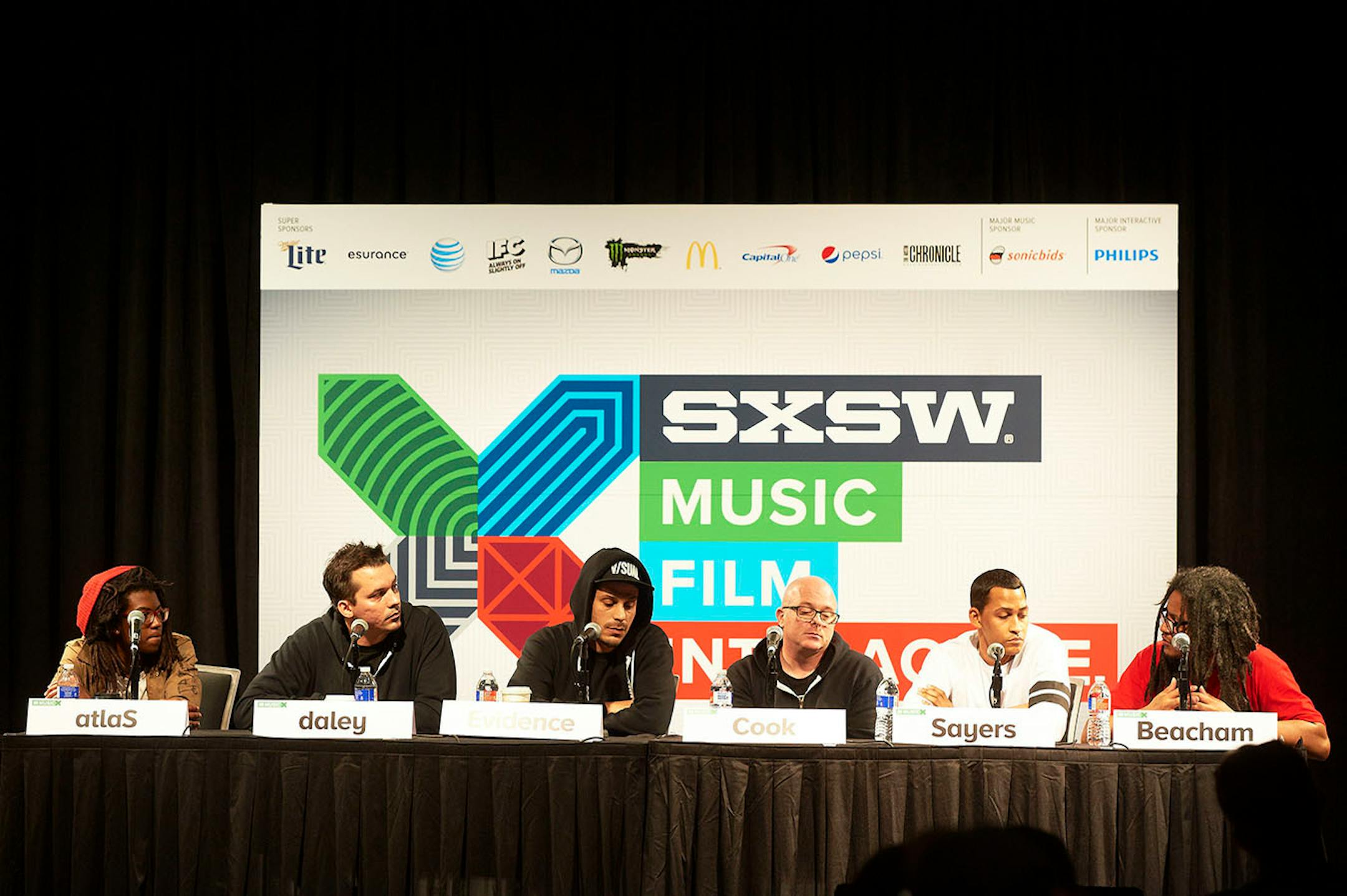 The South by Southwest Music Conference hosted an industry panel, "Rhymesayers: Independent Since Day One," at the Austin Convention Center on Thursday. From left: Dem Atlas, Slug, Evidence, Jason "J-Bird" Cook, Brent "Siddiq" Sayers and Kevin "The Moderator" Beacham.