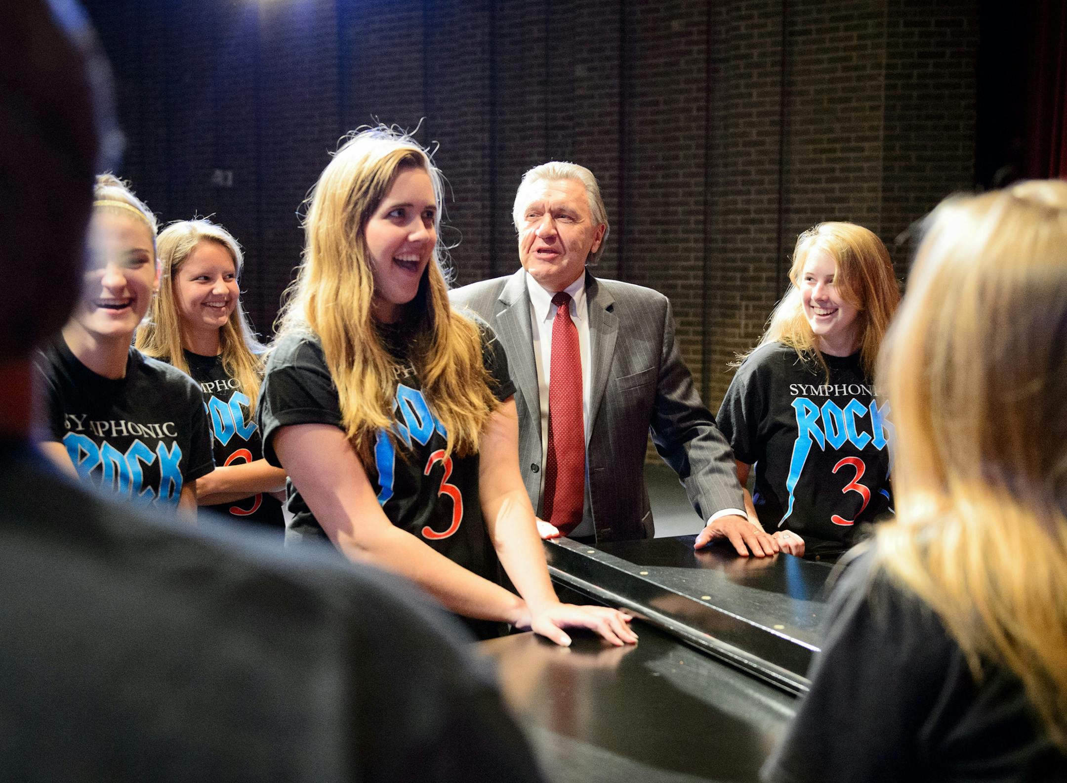 Anoka Hennepin Superintendent Dennis Carlson talked with students at Anoka High School who have been part of Symphonic Rock, a fundraising concert that raises 25 thousand dollars each year to help students of need at the school. Carlson, who retires at the end of the year, has been an advocate against bullying and for gay students rights. and is proud of the musical fundraiser which he also performs in with students. Friday, September 20, 2013 ] GLEN STUBBE * gstubbe@startribune.com