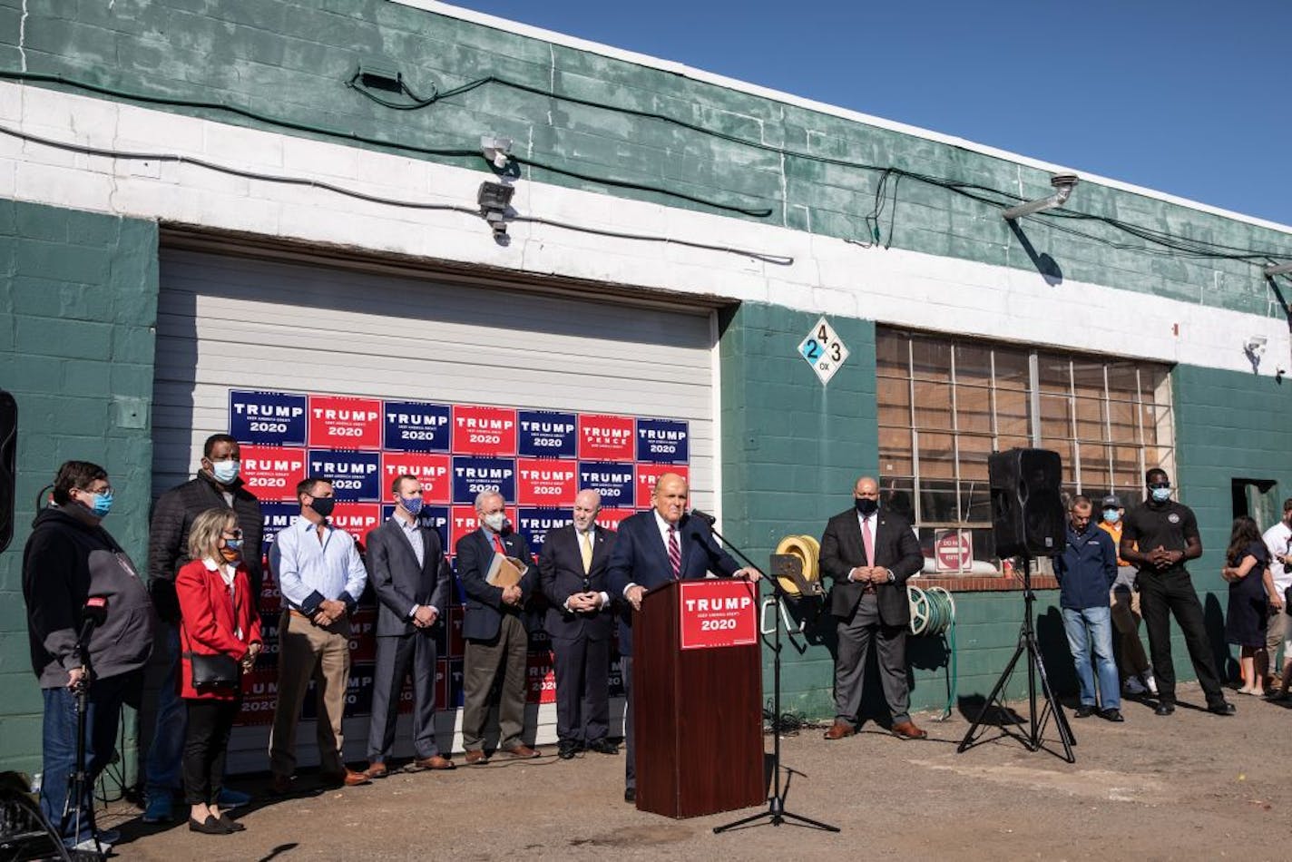 Attorney for the President, Rudy Giuliani speaks to the media at a press conference held in the back parking lot of landscaping company on November 7, 2020 in Philadelphia, Pennsylvania. The press conference took place at Four Seasons Total Landscaping, a Northeast Philedalphia landscraping firm.