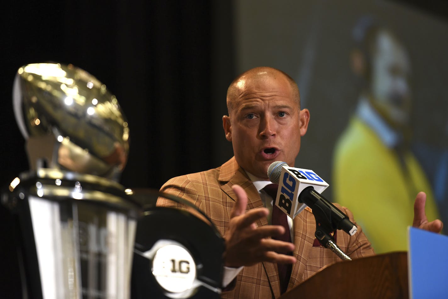 Minnesota NCAA college football head coach P.J. Fleck speaks at Big Ten Media Day in Chicago, Monday, July 24, 2017. (AP Photo/G-Jun Yam)