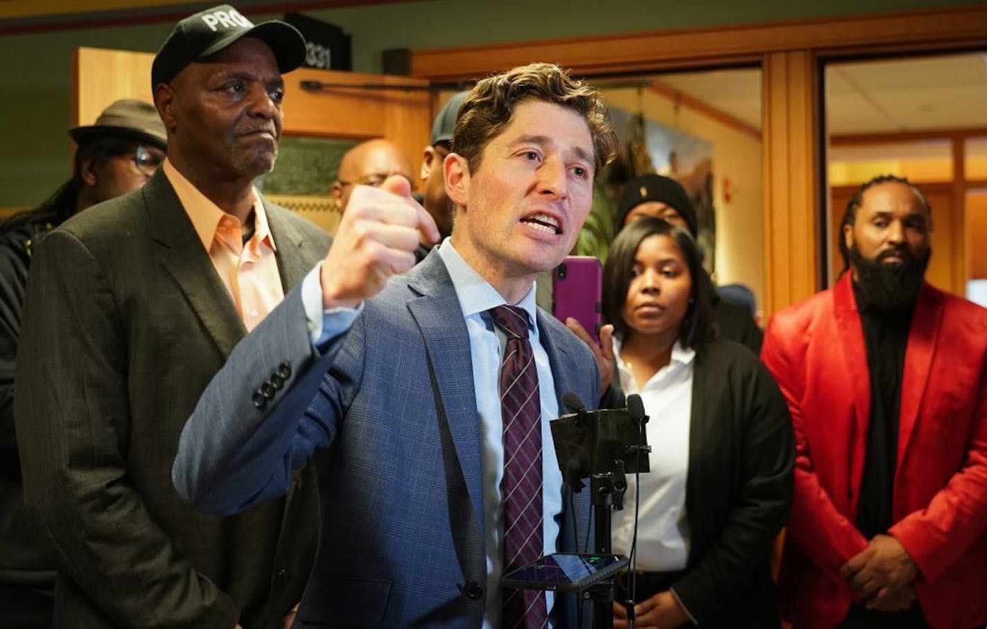 Minneapolis Mayor Jacob Frey spoke during a press conference held by members of the Safe Streets Coalition.