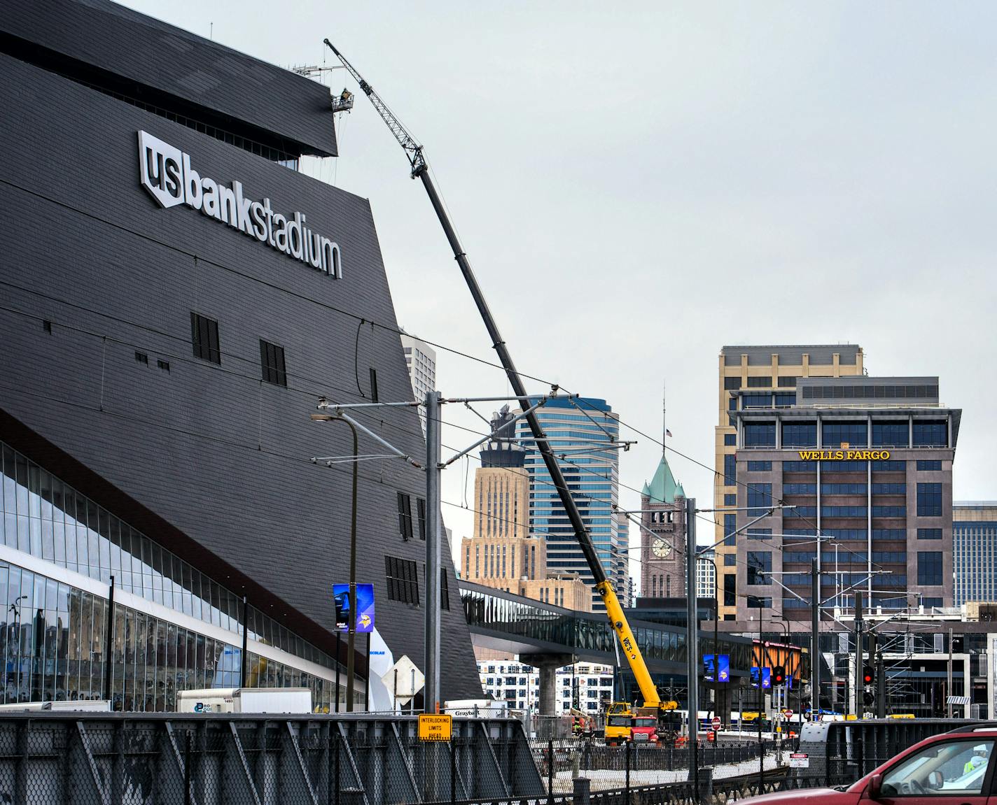 There was come controversy over the visibility of Wells Fargo Bank signs from the US Bank Stadium. ] GLEN STUBBE * gstubbe@startribune.com Monday, February 15, 2016 With a stadium six months from its first game, the Vikings are still scrambling to locate tailgating space near their gridiron edifice.