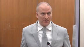 In this image taken from video, former Minneapolis police officer Derek Chauvin addressed the court as Hennepin County District Judge Peter Cahill pr