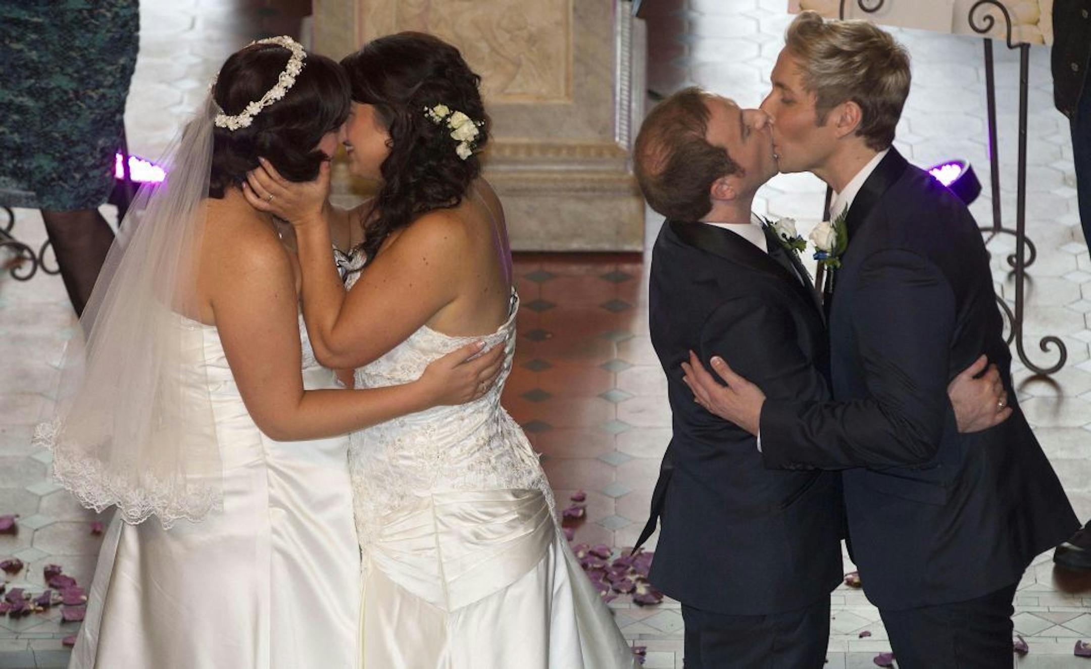 Rachel Briscoe, left, and Jess Ivess, second left, celebrate their marriage as does and Richard Andrew, second right, and Richard Rawstorn after their respective same-sex wedding ceremony held at Rotorua, New Zealand, Monday, Aug. 19, 2013
