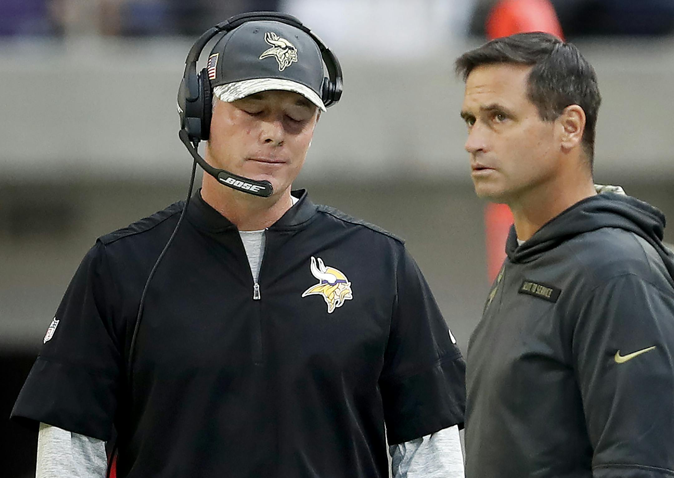Vikings interim offensive coordinator Pat Shurmur and special team coach Matt Priefer in the second quarter. ] CARLOS GONZALEZ cgonzalez@startribune.com - November 6, 2016, Minneapolis, MN, US Bank Stadium, NFL, Minnesota Vikings vs. Detroit Lions