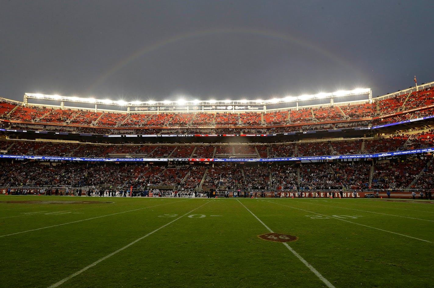 A rainbow is shown over Levi's Stadium during the second half of an NFL football game between the San Francisco 49ers and the New England Patriots in Santa Clara, Calif., Sunday, Nov. 20, 2016. (AP Photo/Ben Margot)