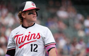 Twins outfielder Harrison Bader watches a ball he hit sail foul in the third inning against the Blue Jays on Saturday at Target Field.