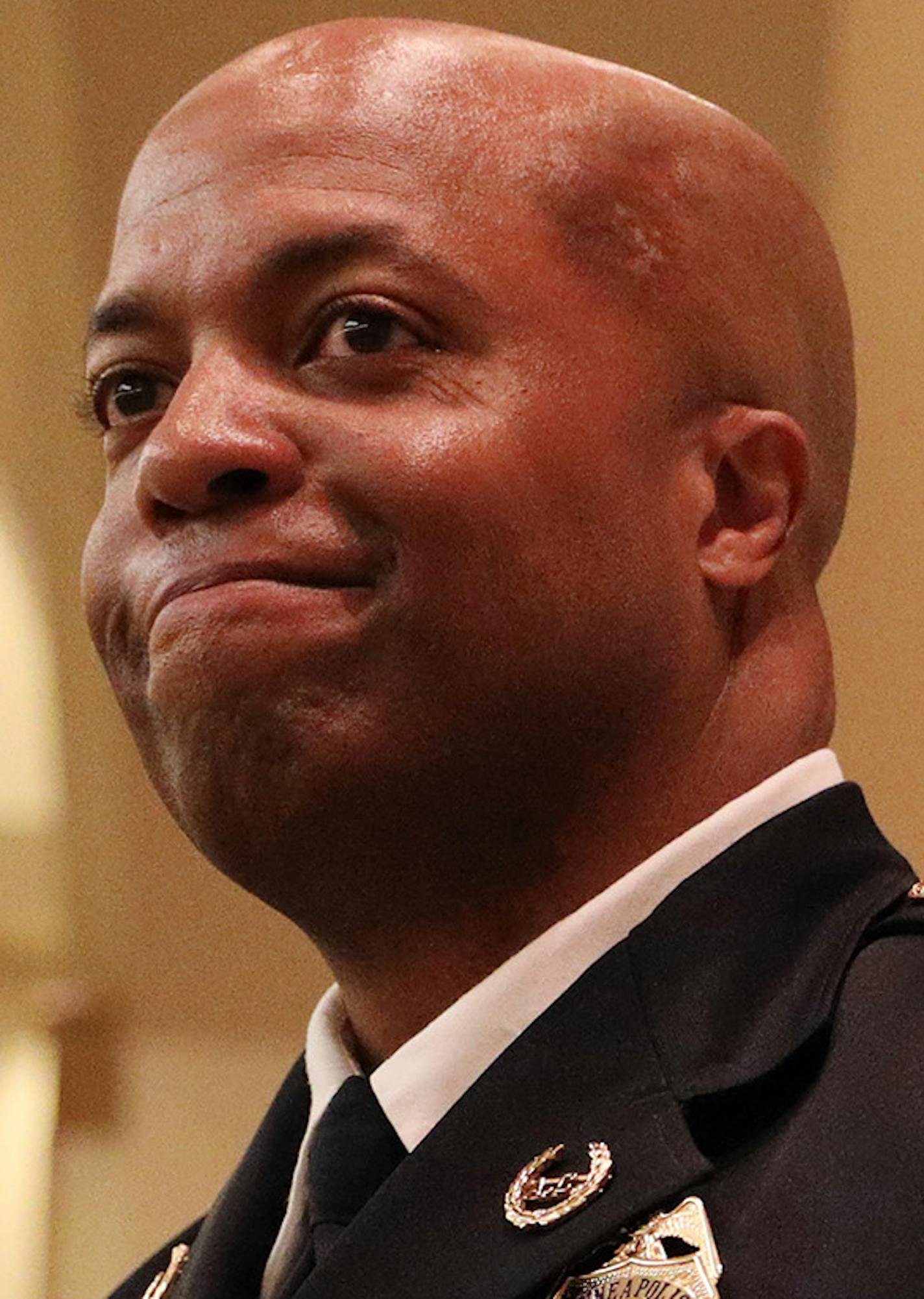 Acting police chief Medaria Arradondo waited to give badges to a group of recent police academy graduates filed in for a swearing-in ceremony. ] ANTHONY SOUFFLE &#xef; anthony.souffle@startribune.com Medaria Arradondo, who is likely to be confirmed as the newest Minneapolis police chief and the city's first black leader of the department, attended a graduation for new police officers Wednesday, Aug. 2, 2017 at St. Mary&#xed;s Greek Orthodox Church in south Minneapolis.